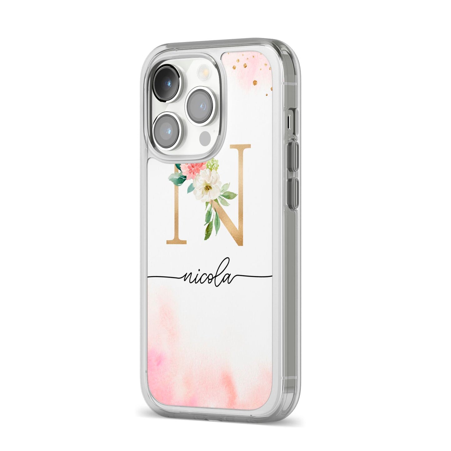 Pink Watercolour Monogram iPhone 14 Pro Clear Tough Case Silver Angled Image