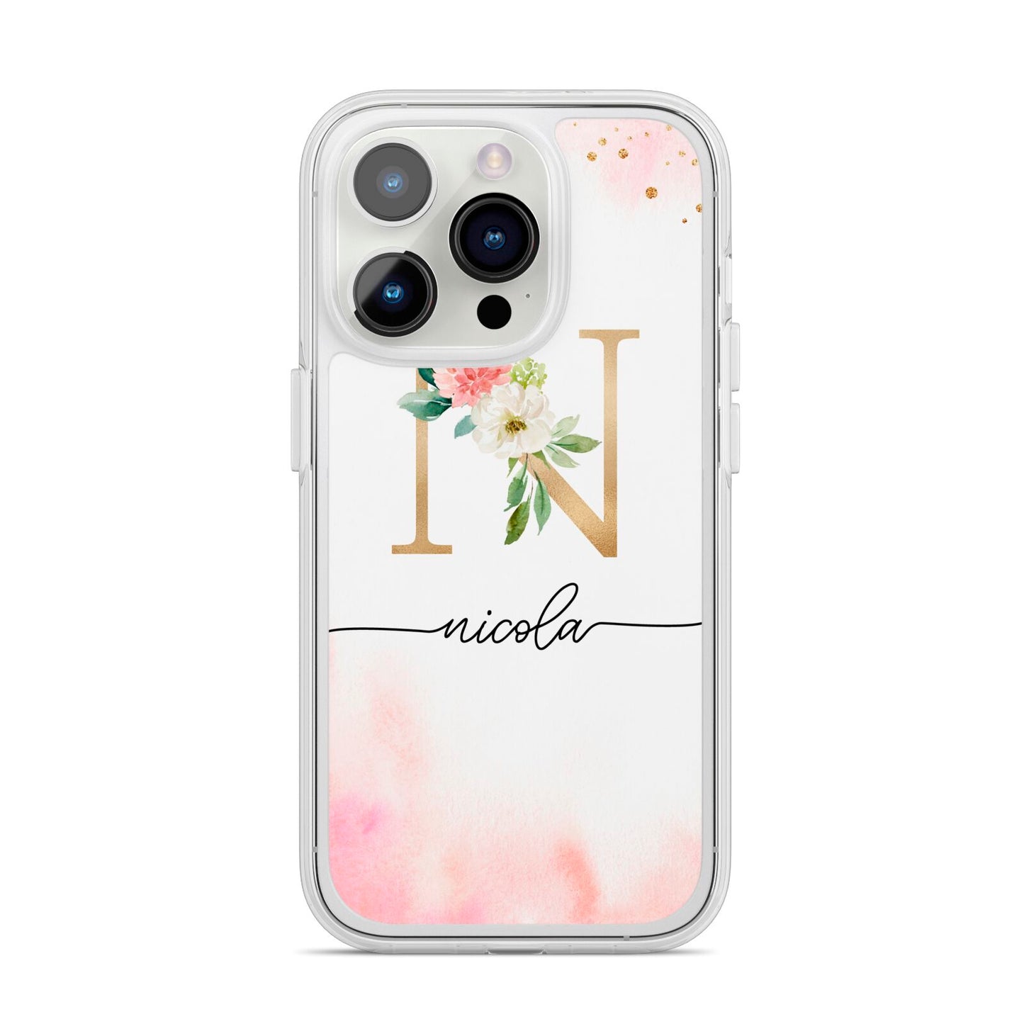 Pink Watercolour Monogram iPhone 14 Pro Clear Tough Case Silver