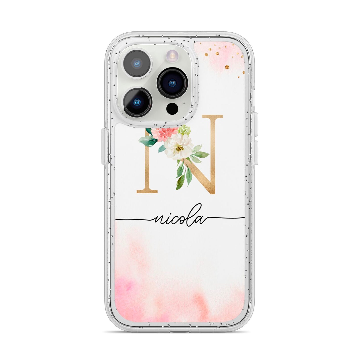 Pink Watercolour Monogram iPhone 14 Pro Glitter Tough Case Silver