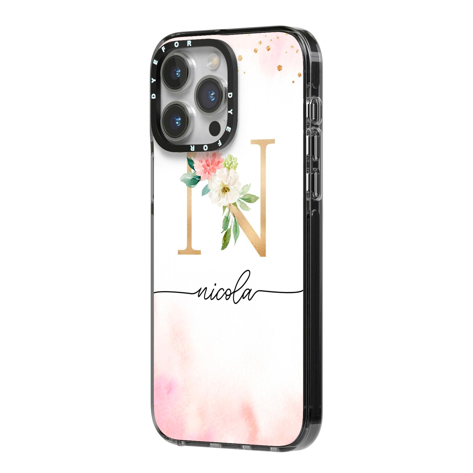 Pink Watercolour Monogram iPhone 14 Pro Max Black Impact Case Side Angle on Silver phone