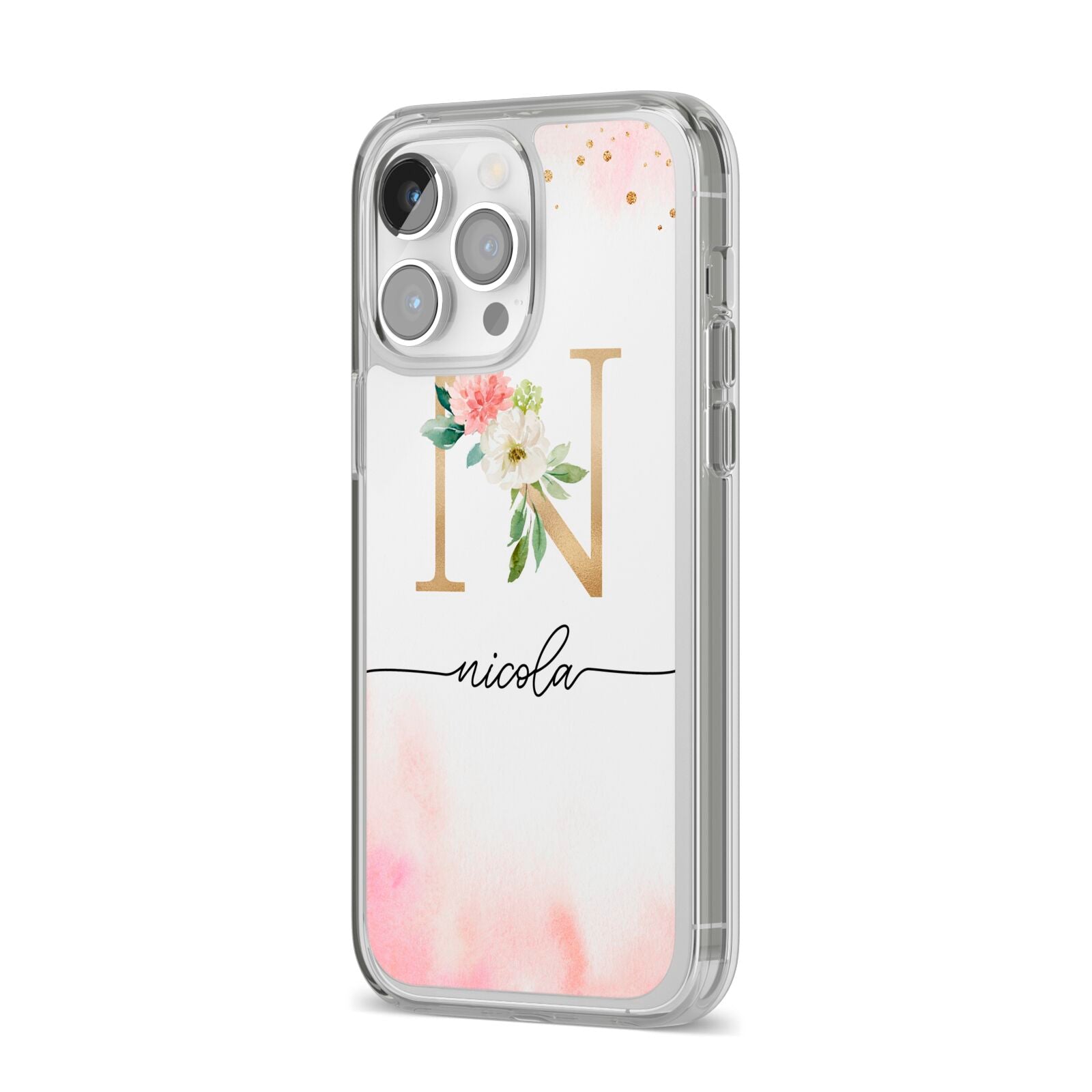 Pink Watercolour Monogram iPhone 14 Pro Max Clear Tough Case Silver Angled Image