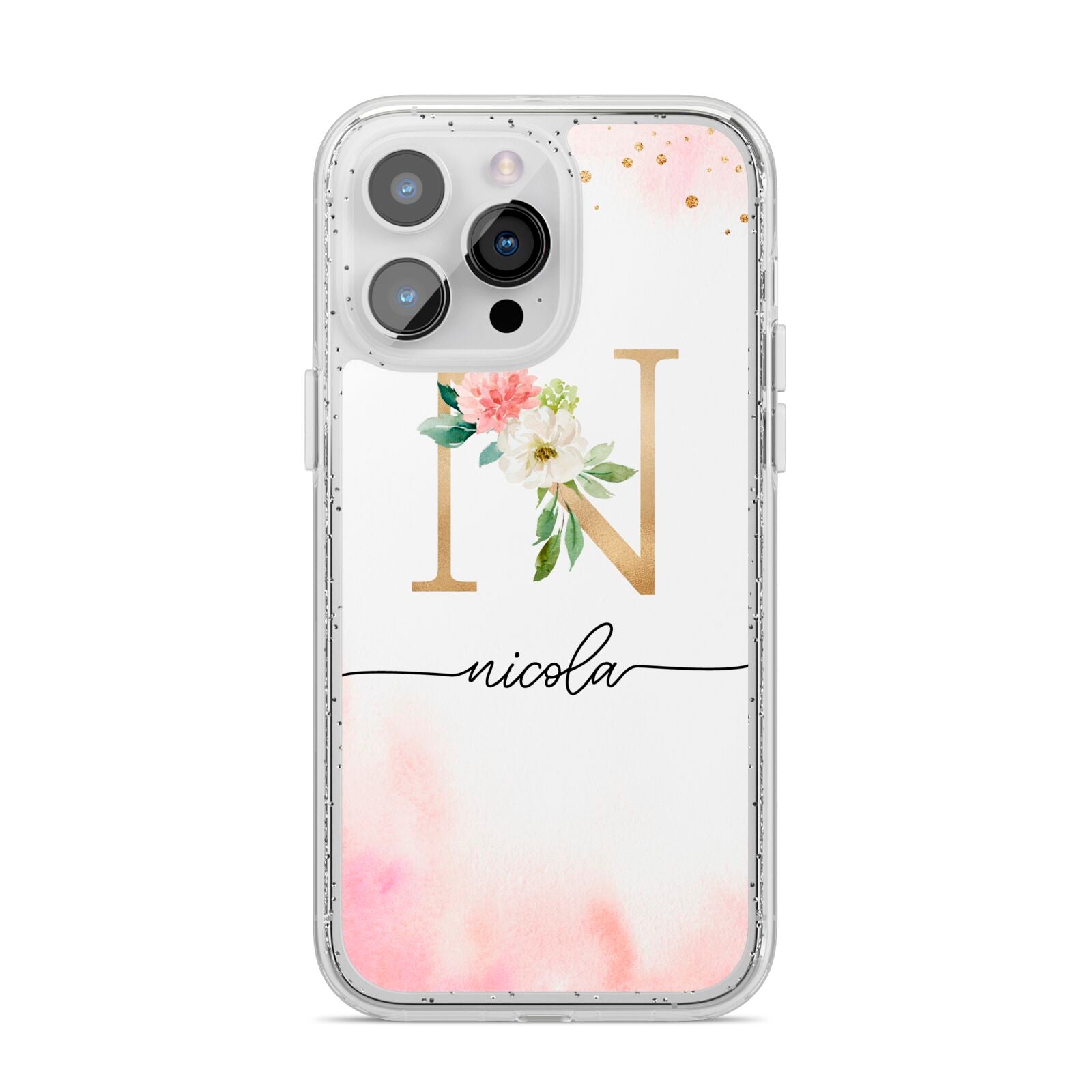 Pink Watercolour Monogram iPhone 14 Pro Max Glitter Tough Case Silver