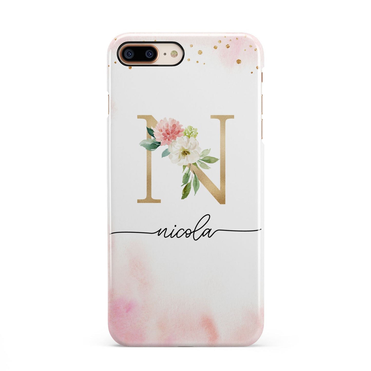 Pink Watercolour Monogram iPhone 8 Plus 3D Snap Case on Gold Phone