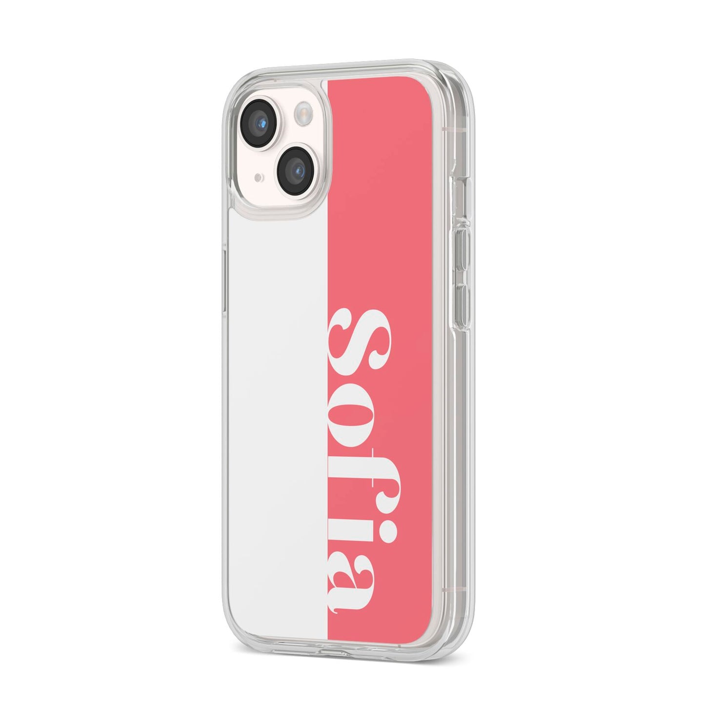 Pink White Personalised iPhone 14 Clear Tough Case Starlight Angled Image