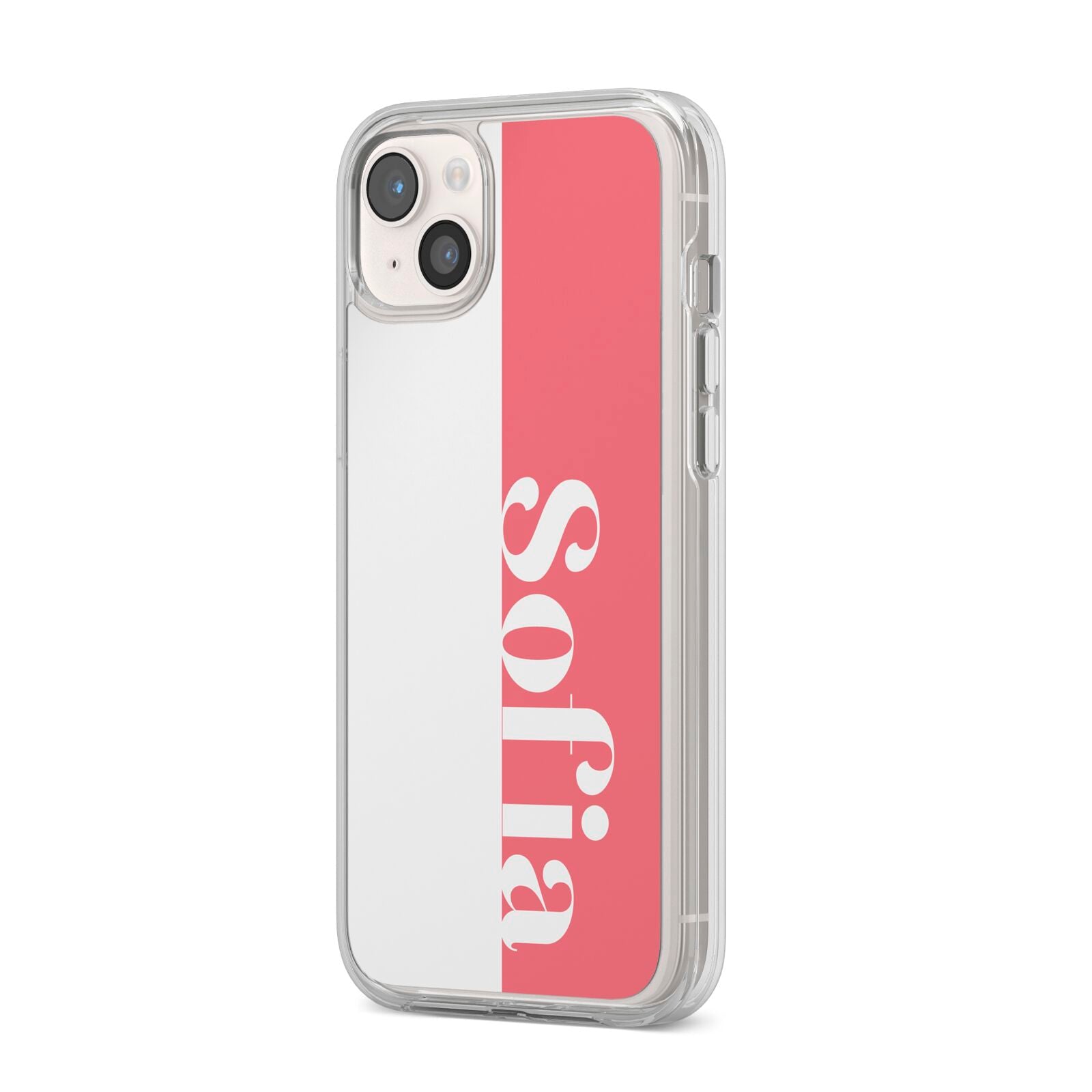 Pink White Personalised iPhone 14 Plus Clear Tough Case Starlight Angled Image