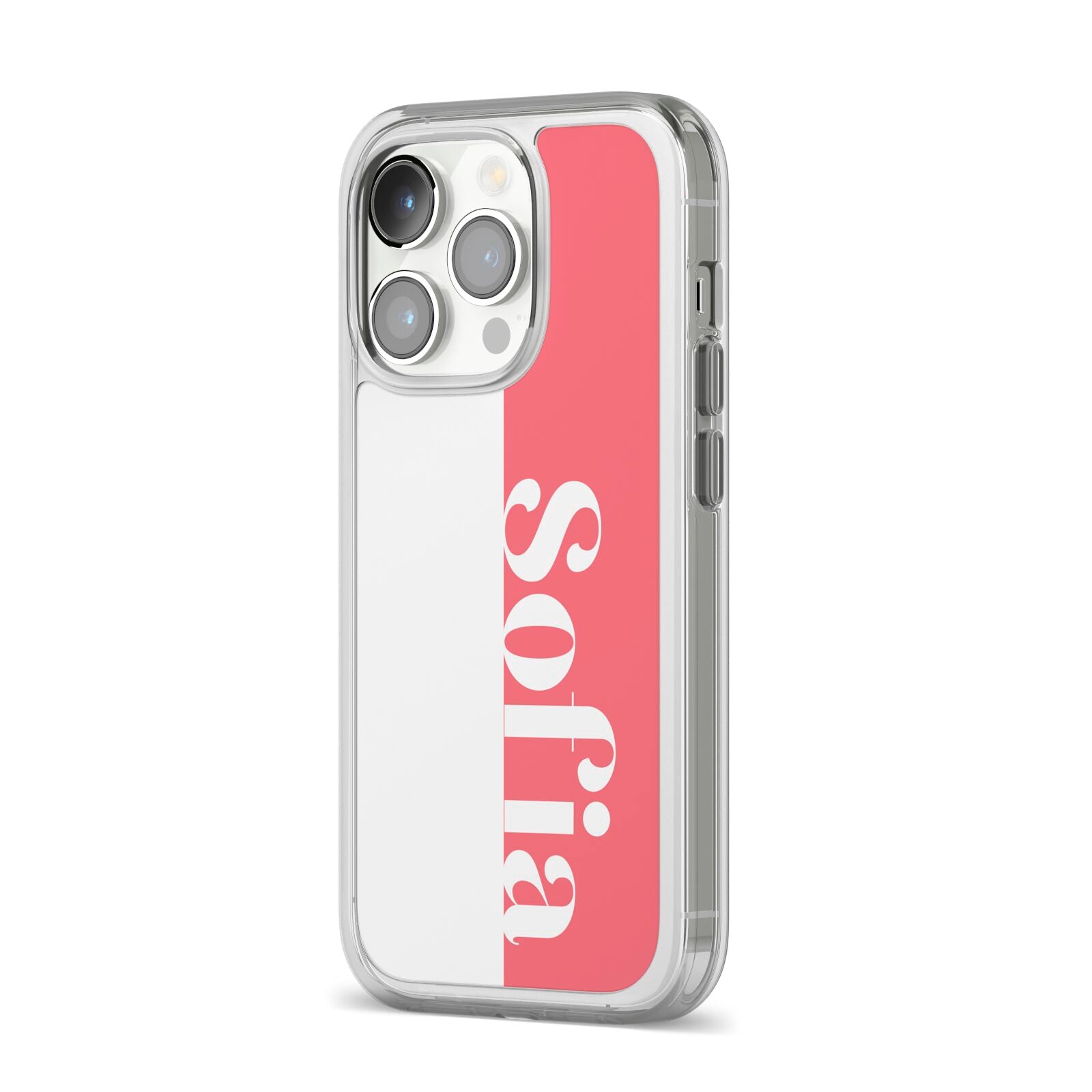 Pink White Personalised iPhone 14 Pro Clear Tough Case Silver Angled Image