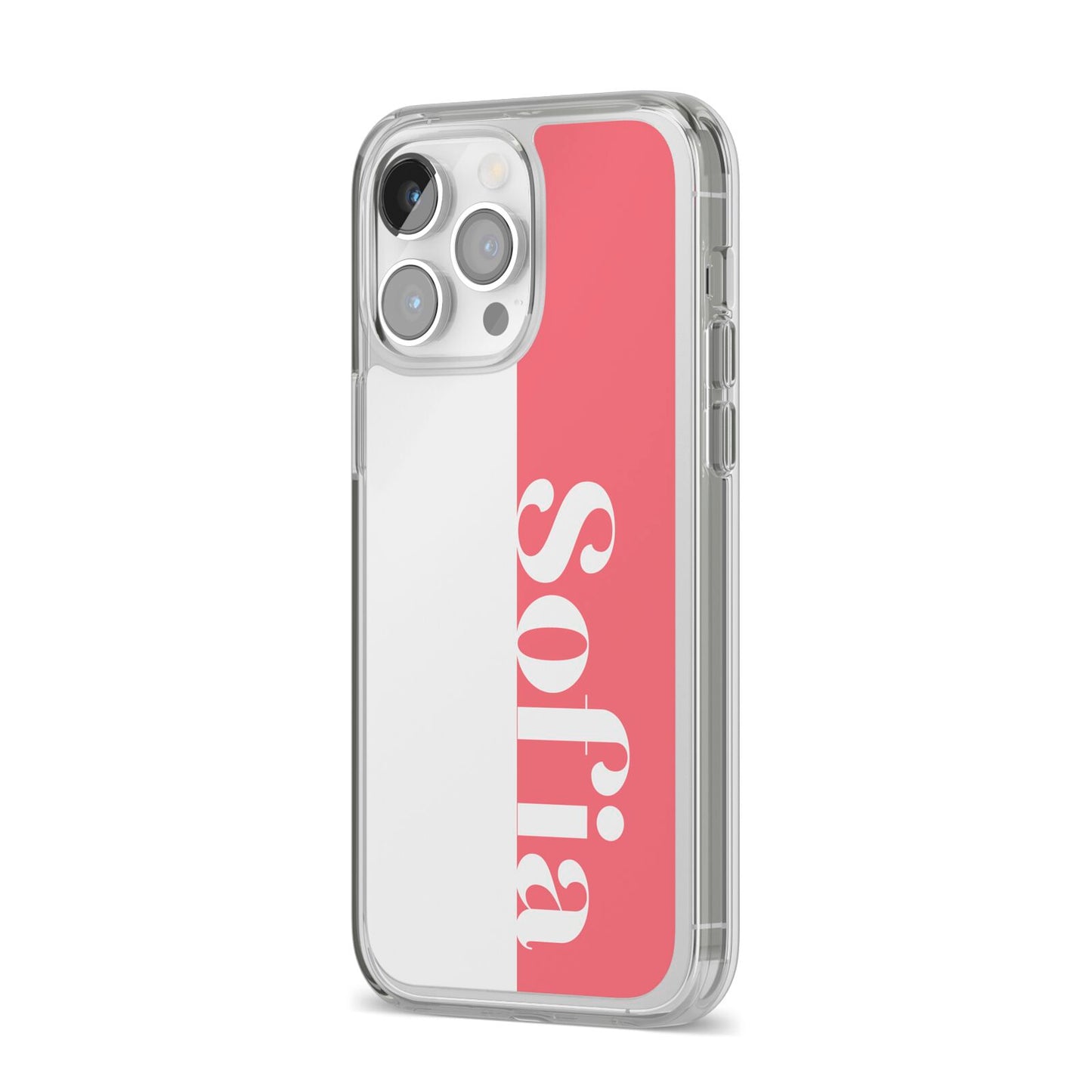 Pink White Personalised iPhone 14 Pro Max Clear Tough Case Silver Angled Image