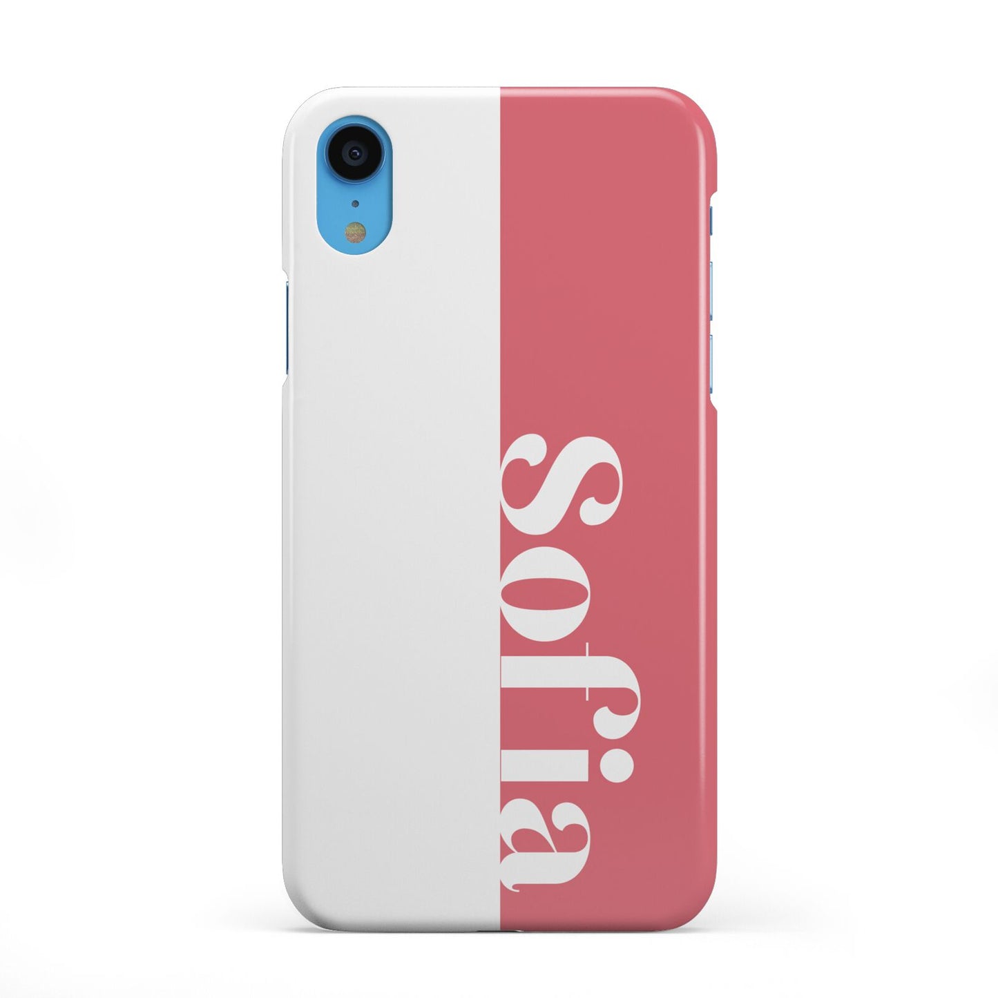 Pink White Personalised iPhone XR 2D Snap Case on Blue Phone