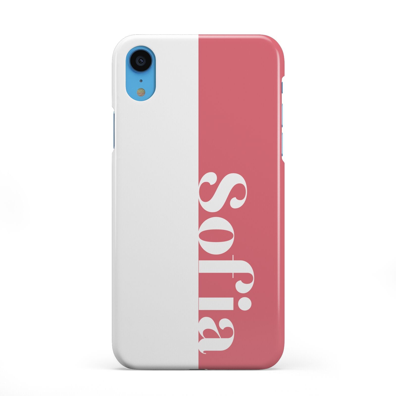 Pink White Personalised iPhone XR 2D Snap Case on Blue Phone