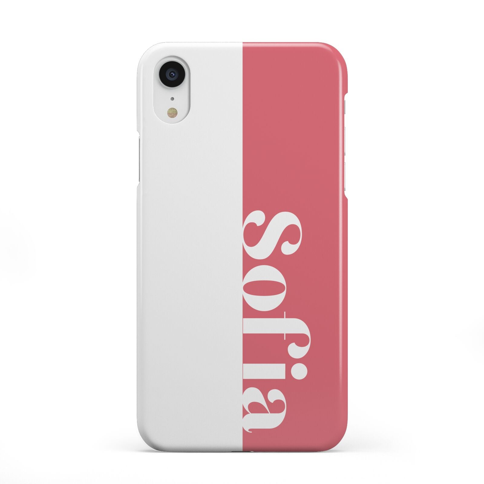 Pink White Personalised iPhone XR 2D Snap Case on White Phone