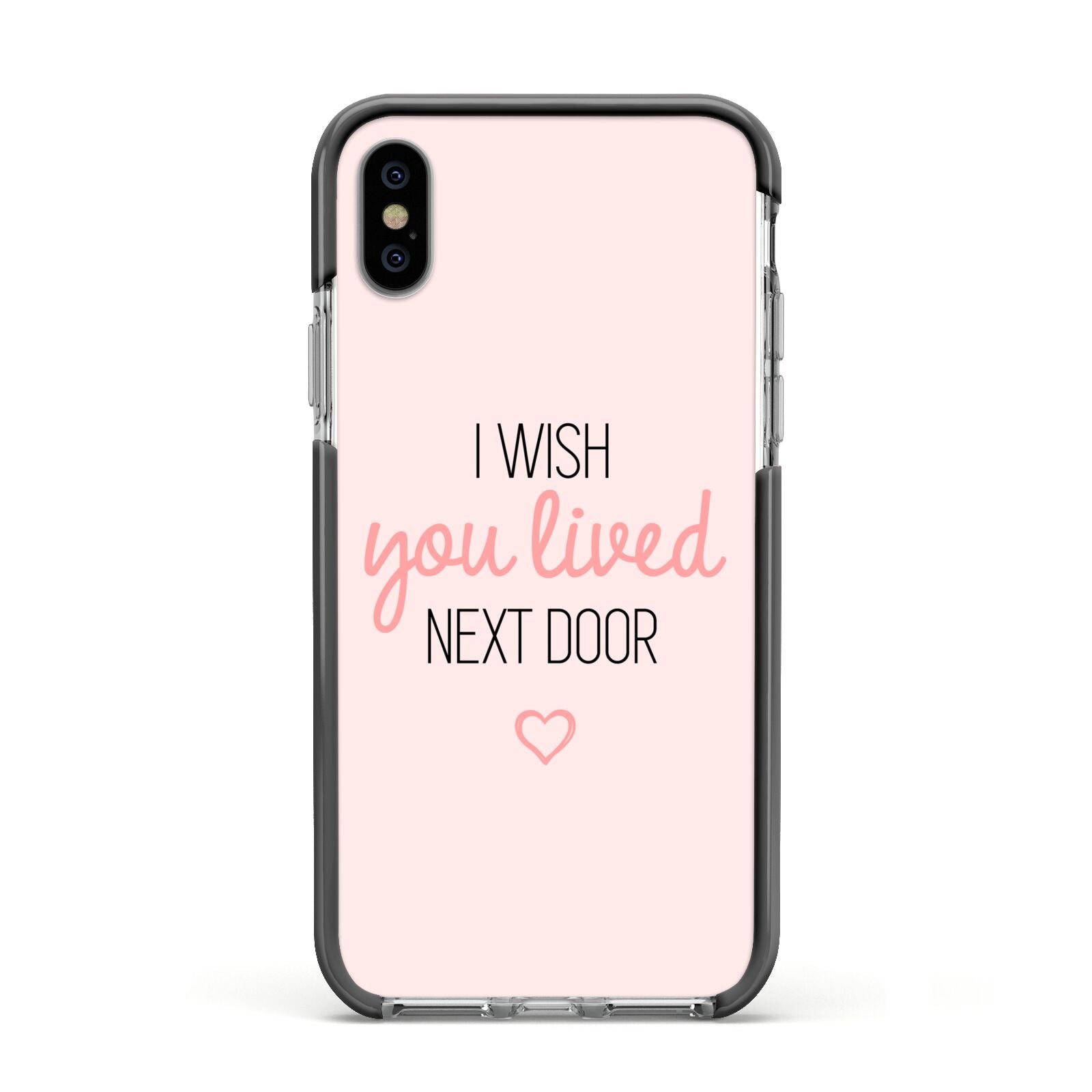 Pink Wish You Were Here Apple iPhone Xs Impact Case Black Edge on Silver Phone