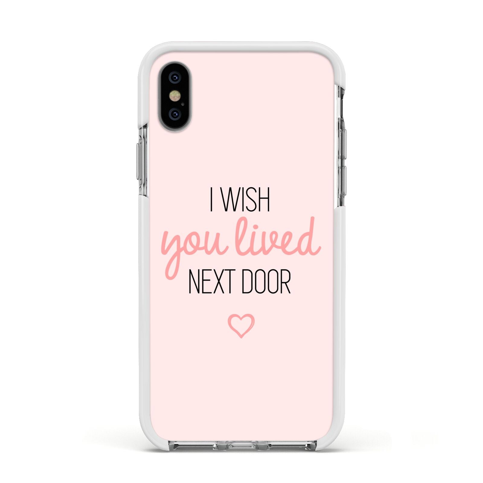 Pink Wish You Were Here Apple iPhone Xs Impact Case White Edge on Silver Phone