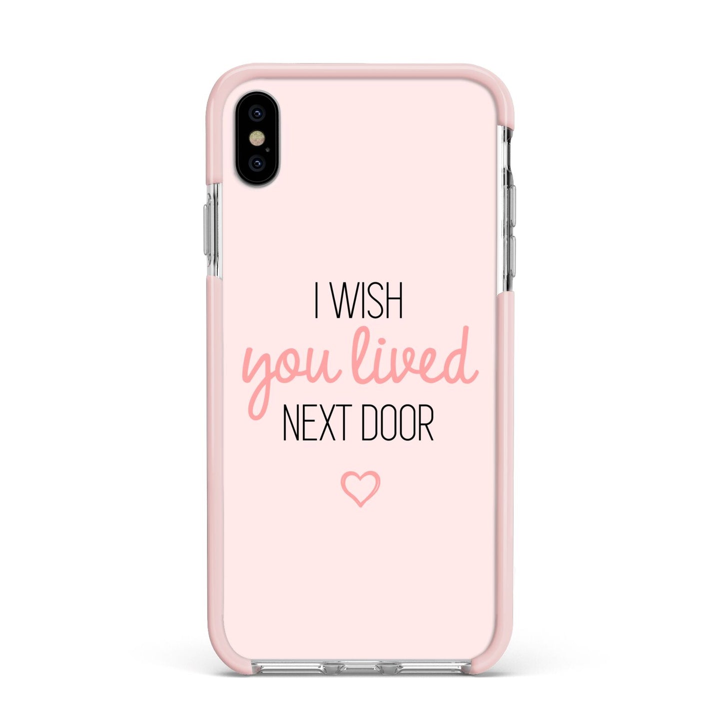 Pink Wish You Were Here Apple iPhone Xs Max Impact Case Pink Edge on Silver Phone