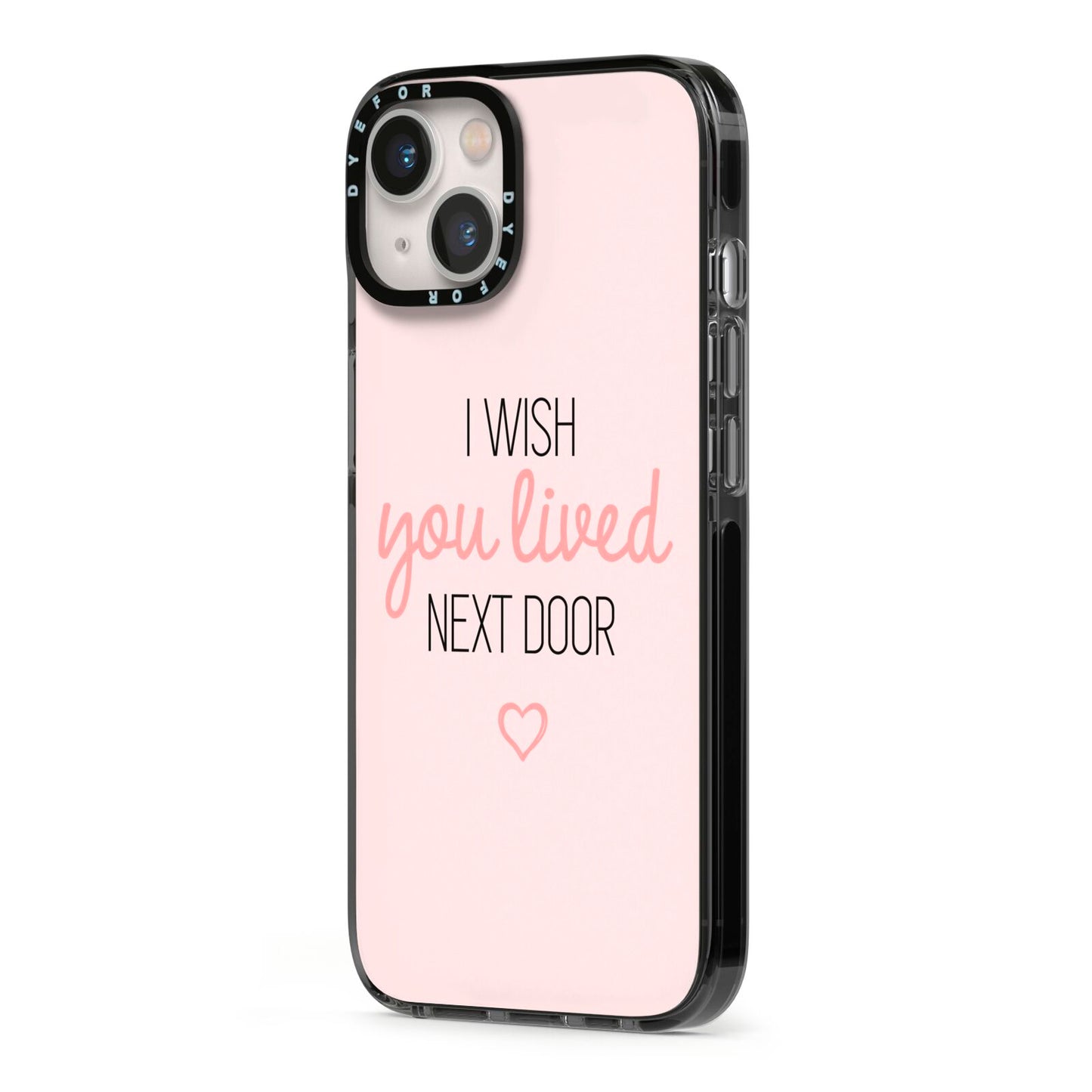 Pink Wish You Were Here iPhone 13 Black Impact Case Side Angle on Silver phone