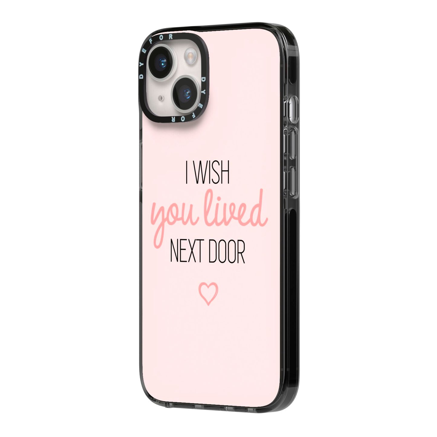 Pink Wish You Were Here iPhone 14 Black Impact Case Side Angle on Silver phone