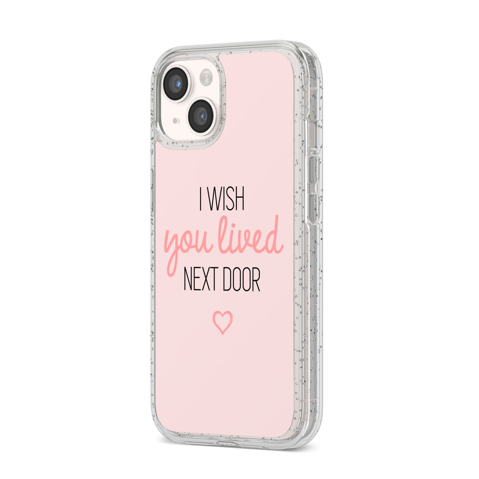 Pink Wish You Were Here iPhone 14 Glitter Tough Case Starlight Angled Image