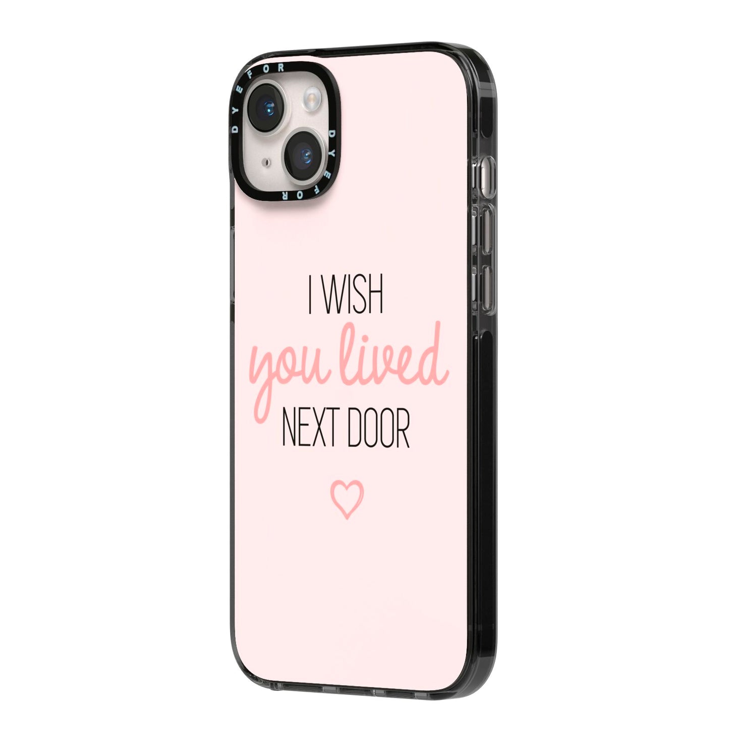 Pink Wish You Were Here iPhone 14 Plus Black Impact Case Side Angle on Silver phone