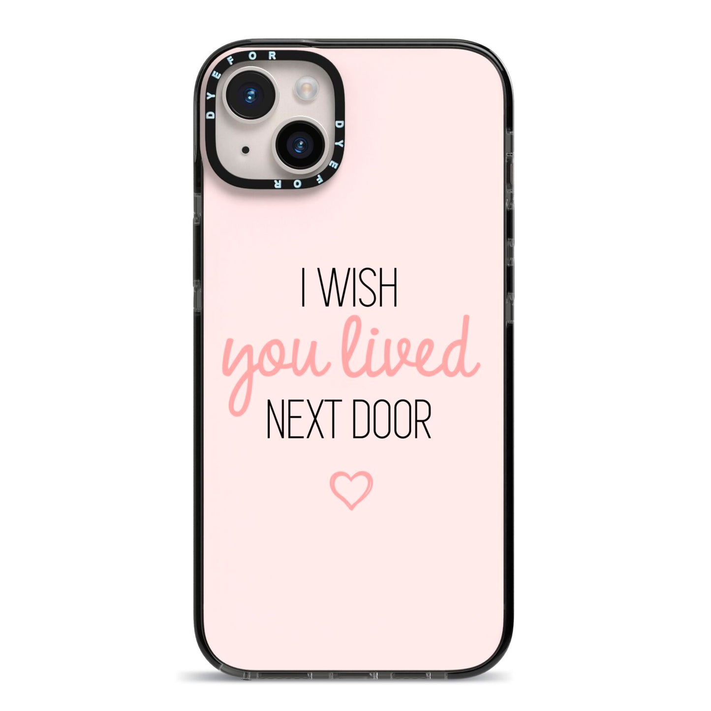 Pink Wish You Were Here iPhone 14 Plus Black Impact Case on Silver phone