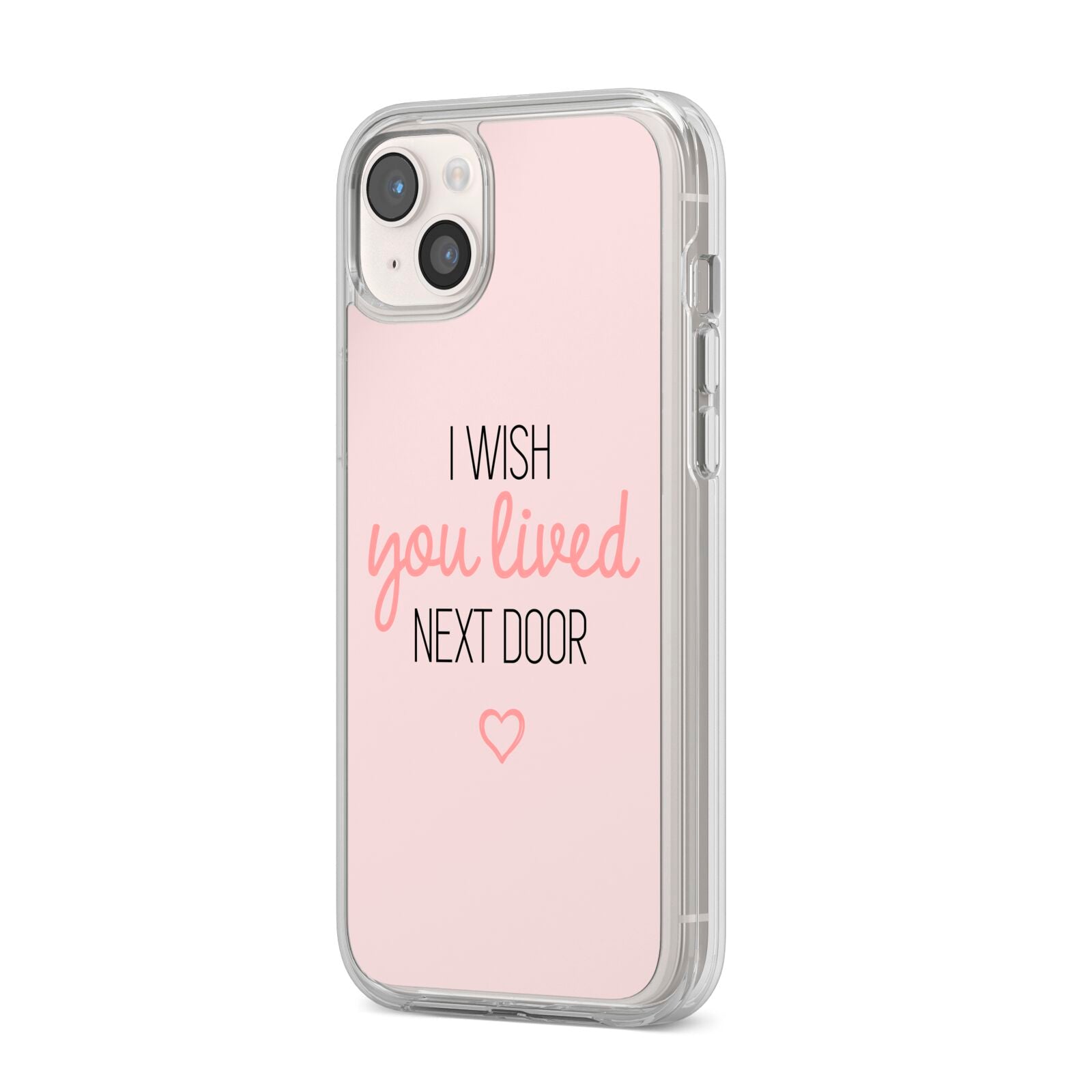 Pink Wish You Were Here iPhone 14 Plus Clear Tough Case Starlight Angled Image