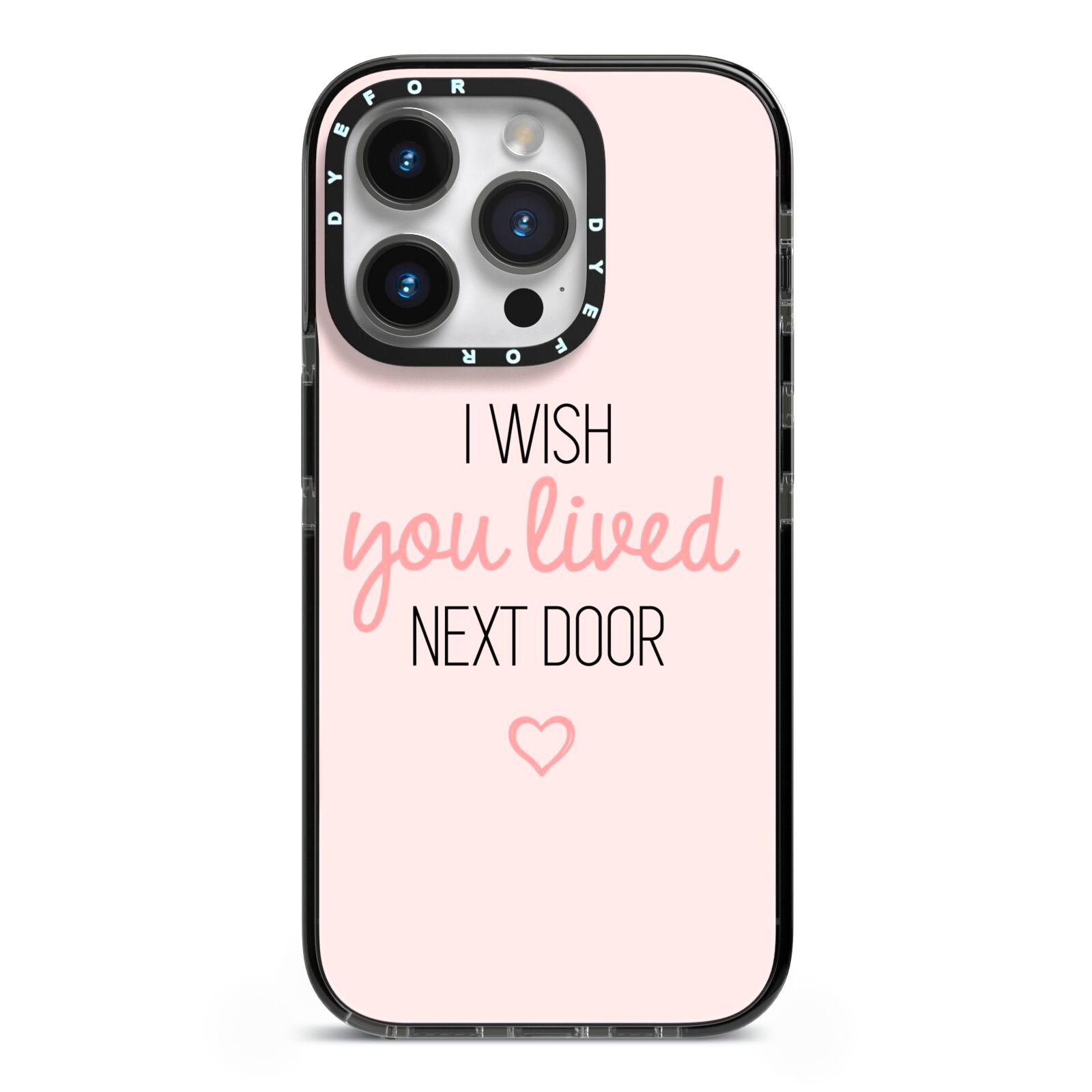 Pink Wish You Were Here iPhone 14 Pro Black Impact Case on Silver phone