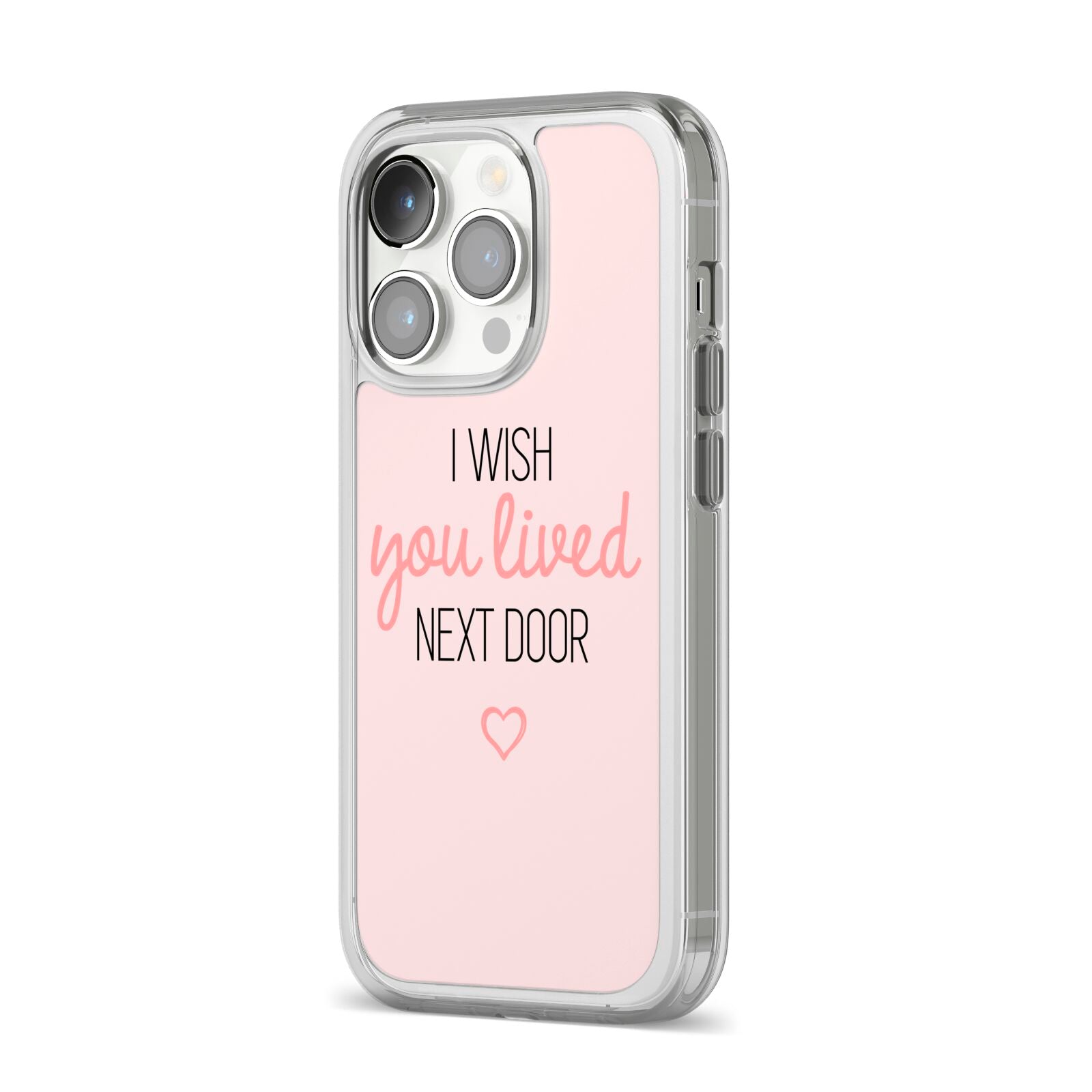 Pink Wish You Were Here iPhone 14 Pro Clear Tough Case Silver Angled Image