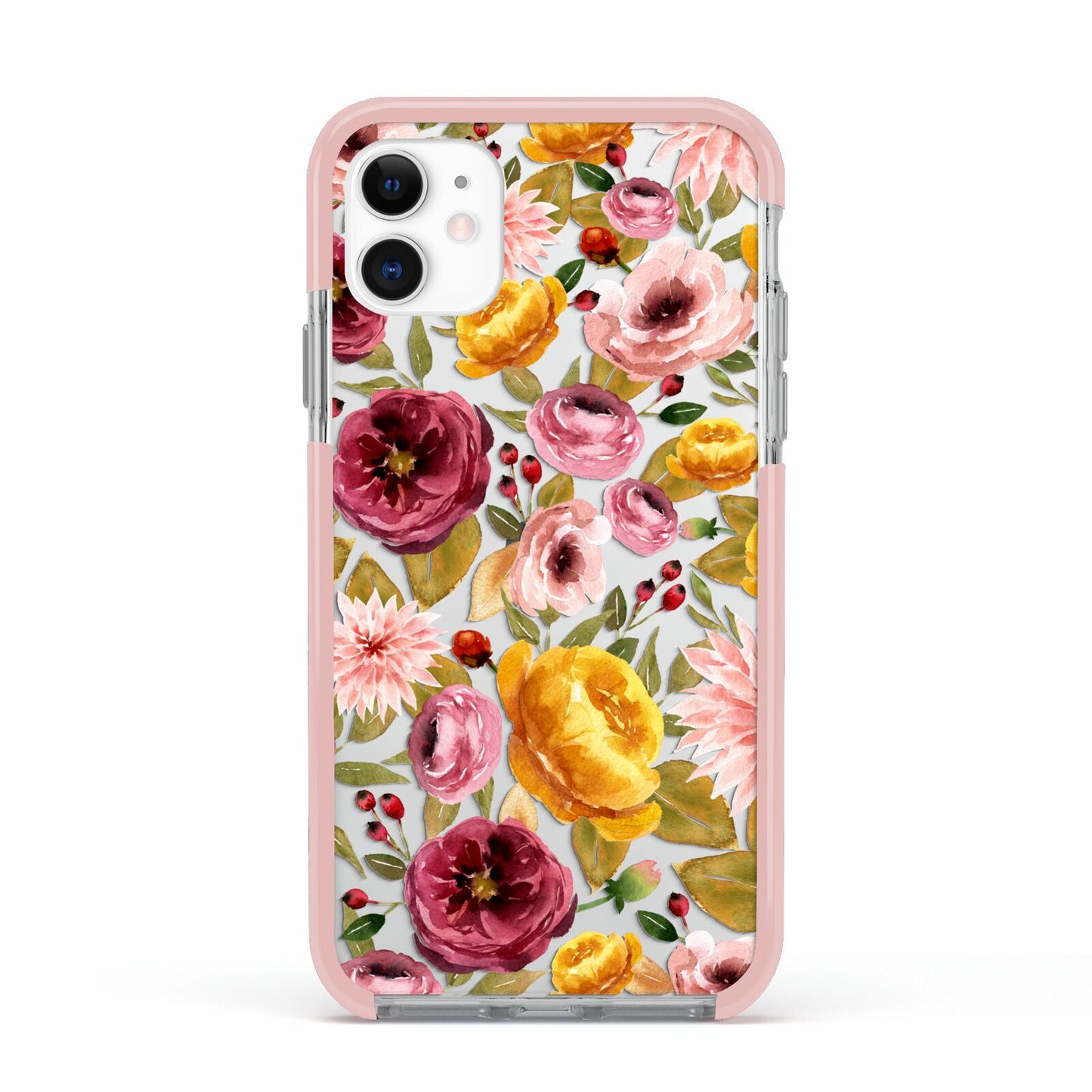 Pink and Mustard Floral Apple iPhone 11 in White with Pink Impact Case