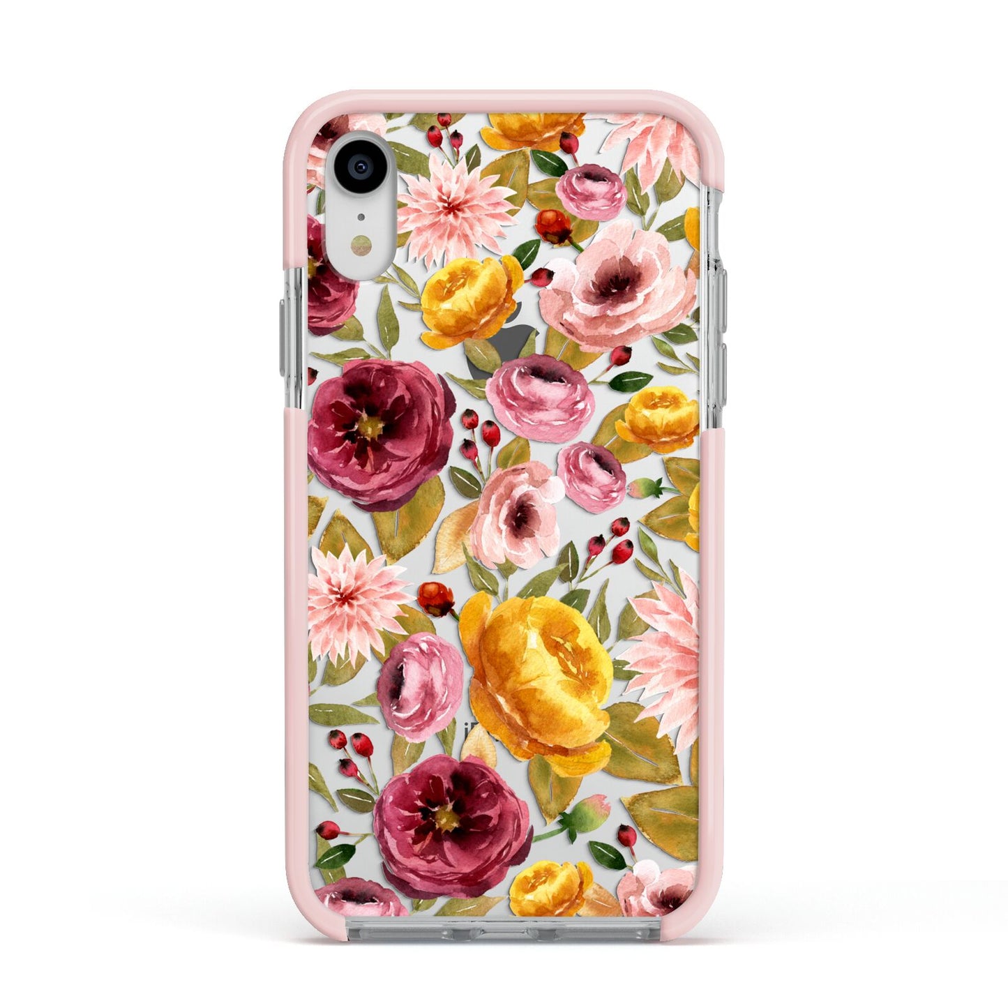 Pink and Mustard Floral Apple iPhone XR Impact Case Pink Edge on Silver Phone