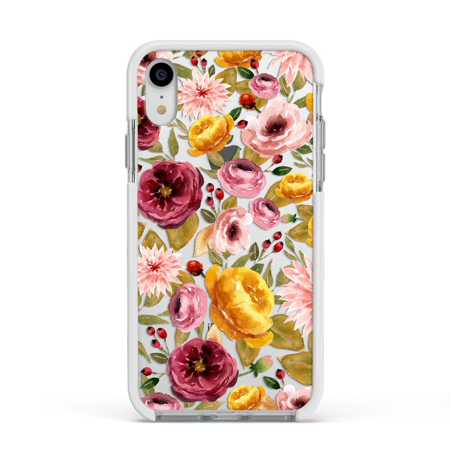 Pink and Mustard Floral Apple iPhone XR Impact Case White Edge on Silver Phone