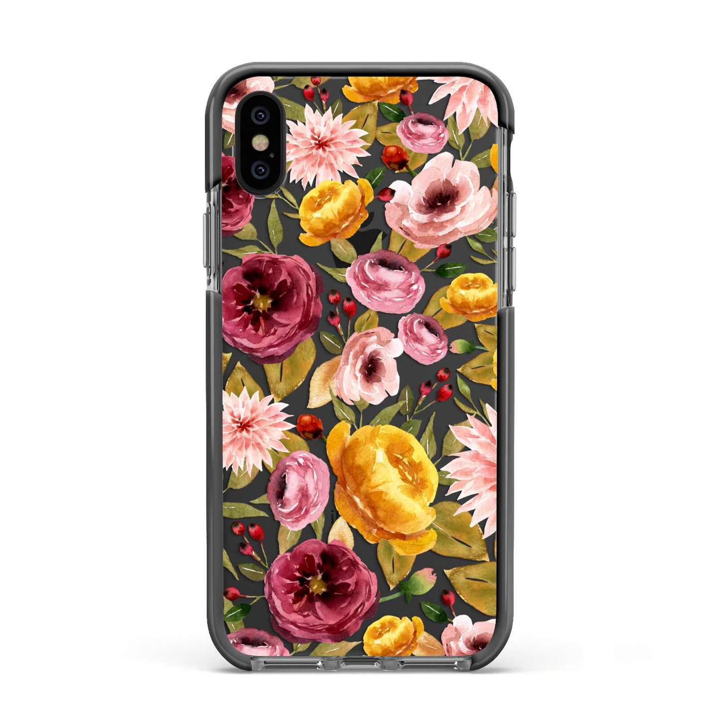 Pink and Mustard Floral Apple iPhone Xs Impact Case Black Edge on Black Phone