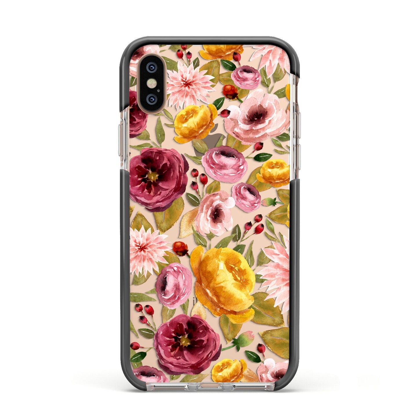 Pink and Mustard Floral Apple iPhone Xs Impact Case Black Edge on Gold Phone