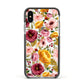 Pink and Mustard Floral Apple iPhone Xs Impact Case Black Edge on Silver Phone