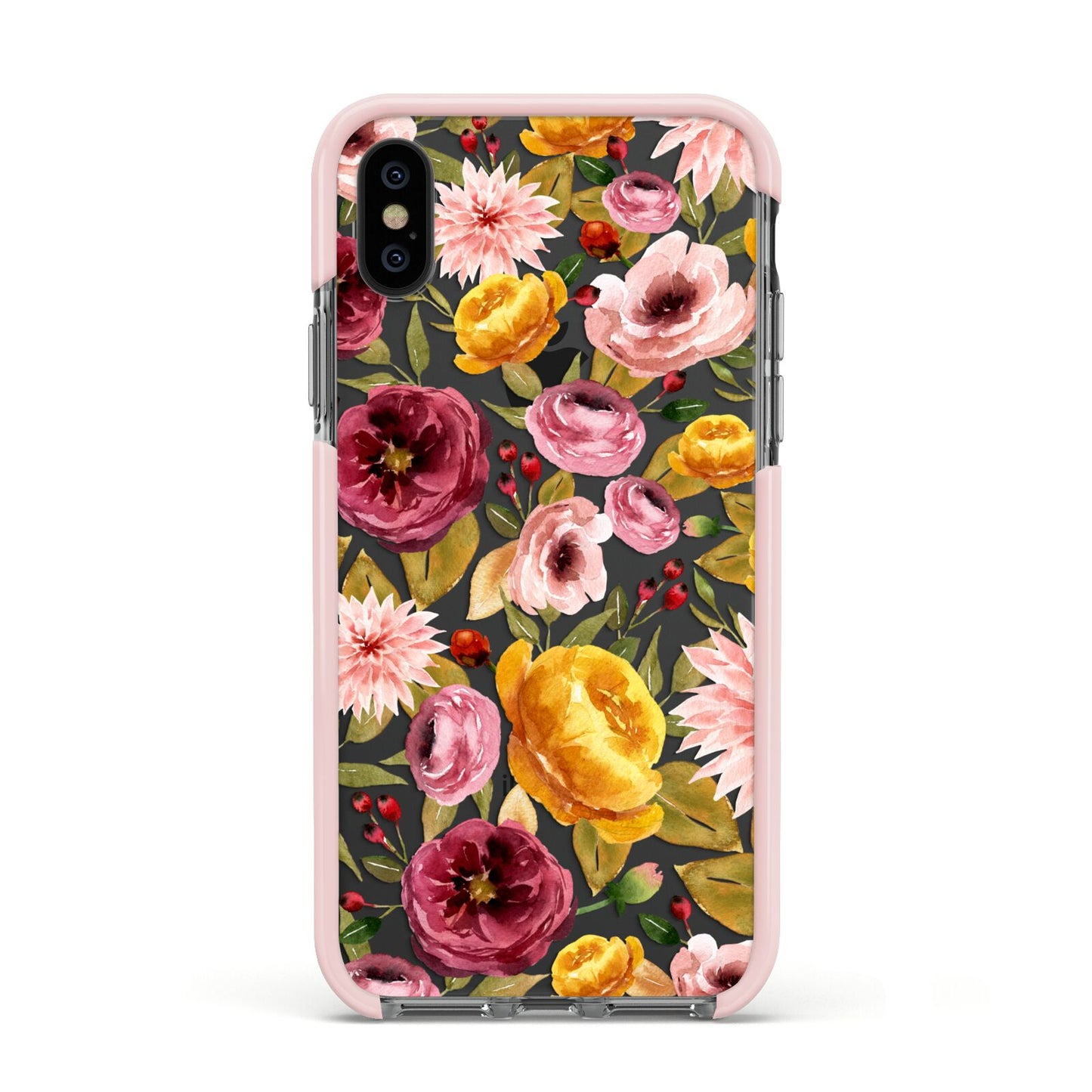 Pink and Mustard Floral Apple iPhone Xs Impact Case Pink Edge on Black Phone