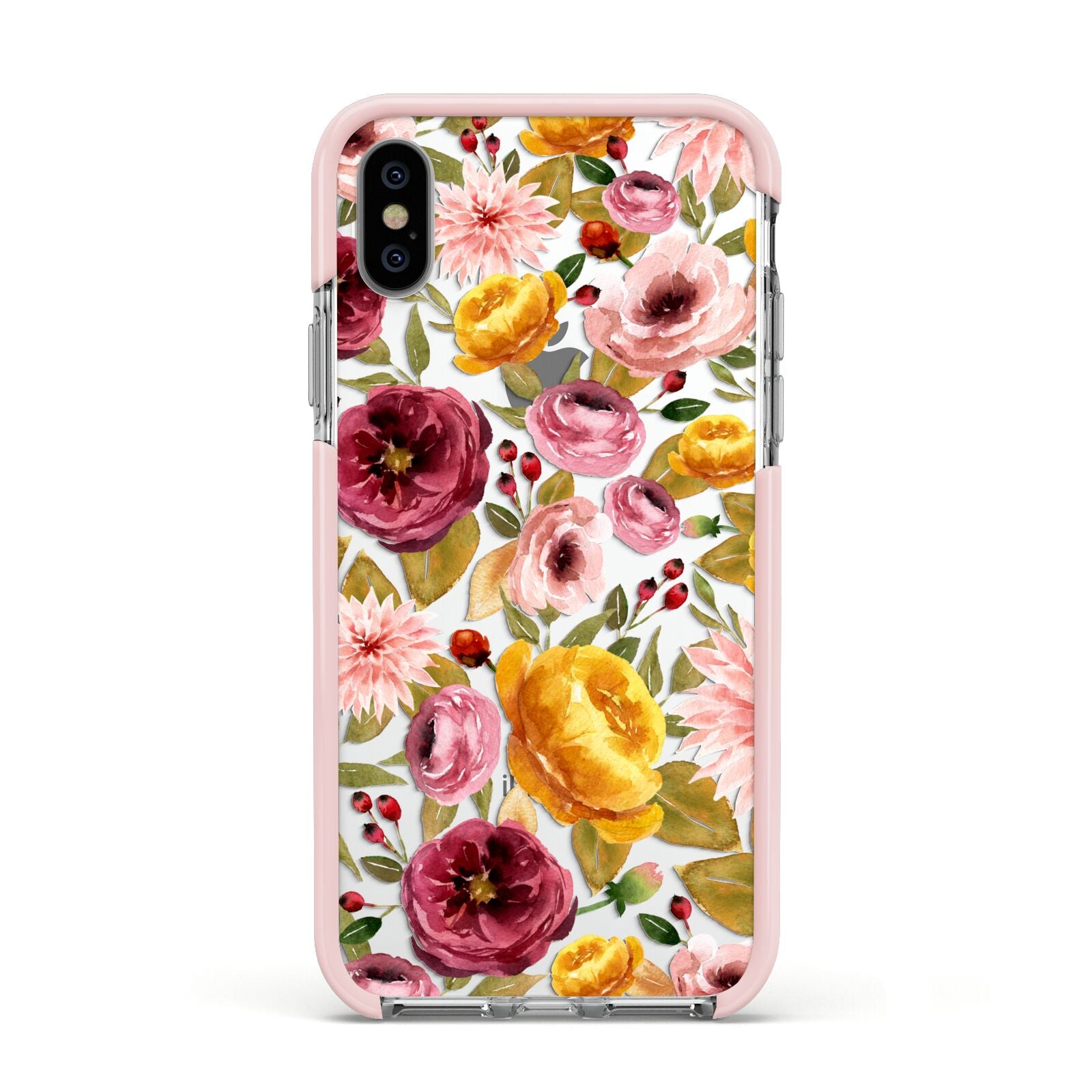 Pink and Mustard Floral Apple iPhone Xs Impact Case Pink Edge on Silver Phone