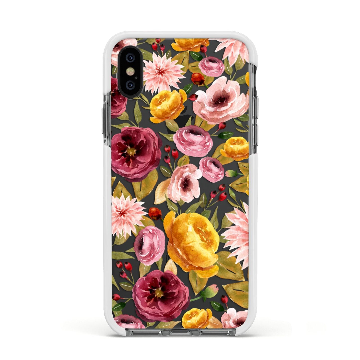 Pink and Mustard Floral Apple iPhone Xs Impact Case White Edge on Black Phone