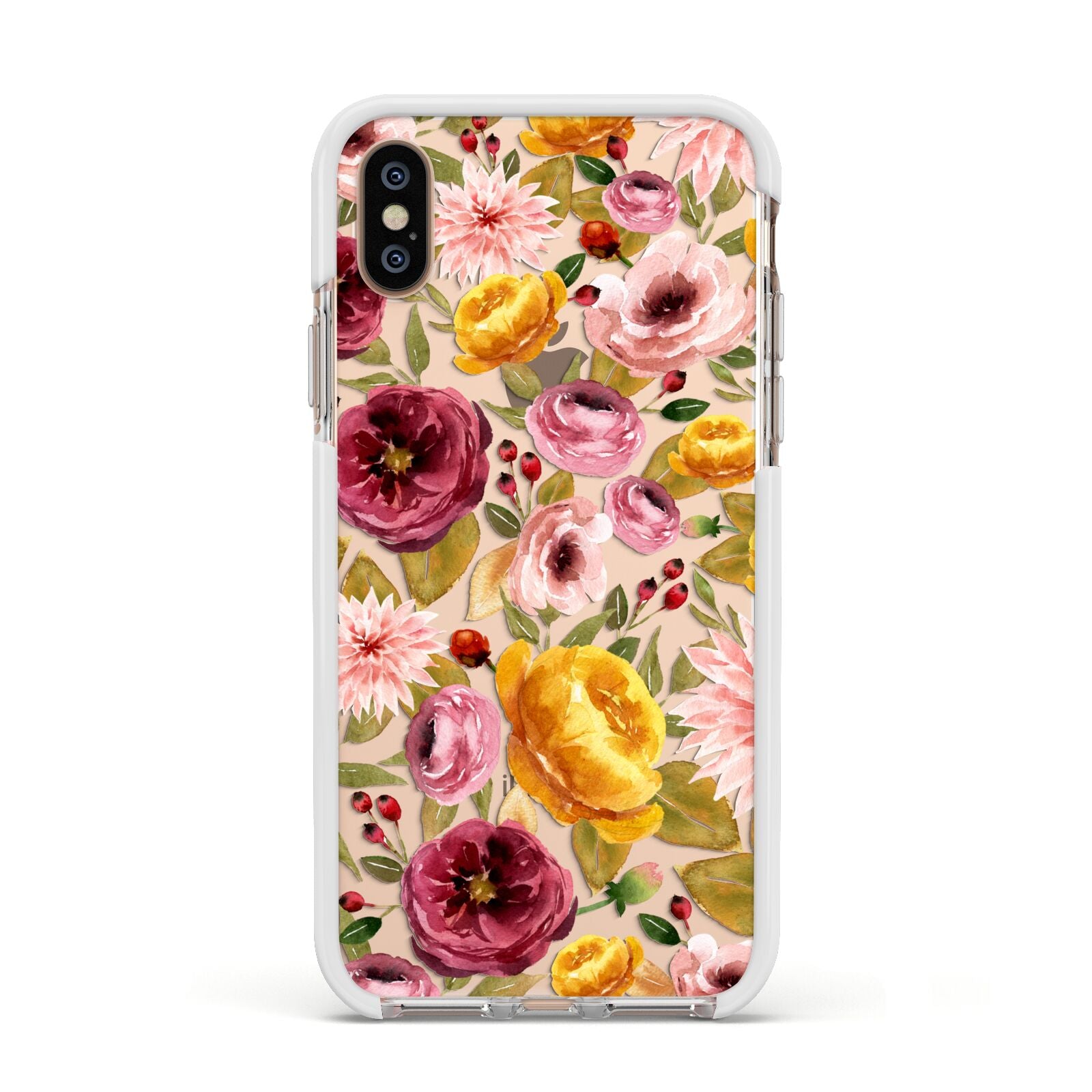 Pink and Mustard Floral Apple iPhone Xs Impact Case White Edge on Gold Phone