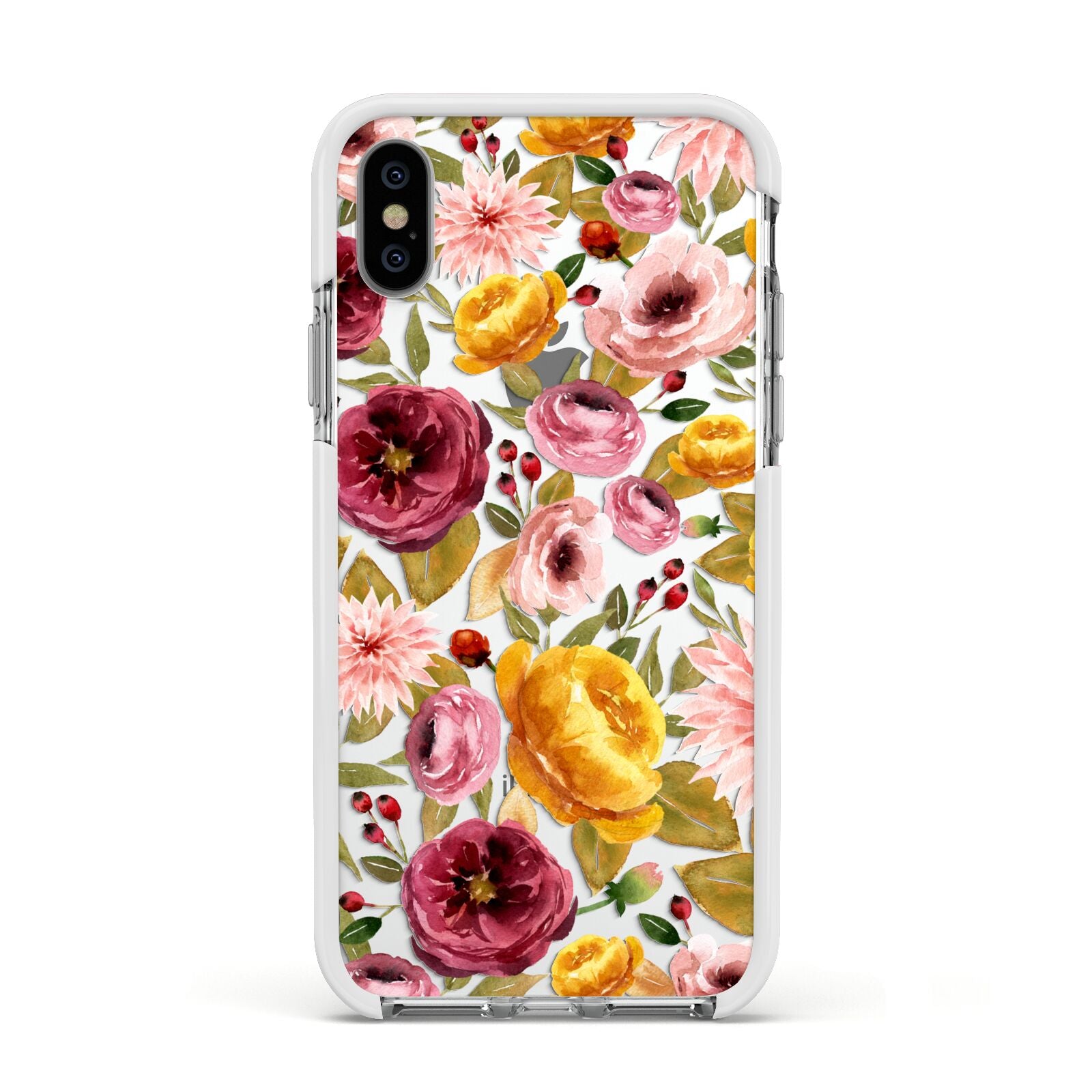 Pink and Mustard Floral Apple iPhone Xs Impact Case White Edge on Silver Phone