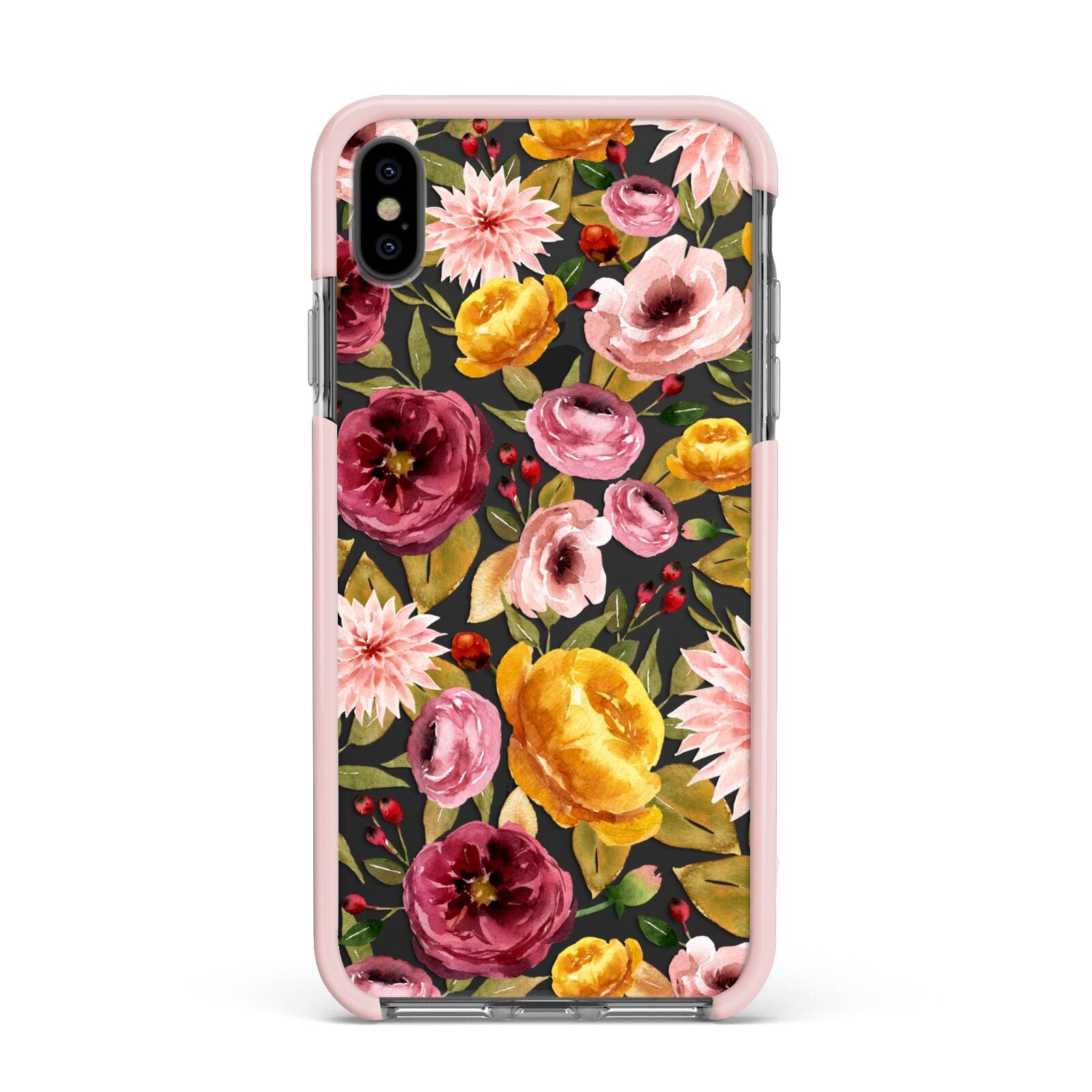 Pink and Mustard Floral Apple iPhone Xs Max Impact Case Pink Edge on Black Phone