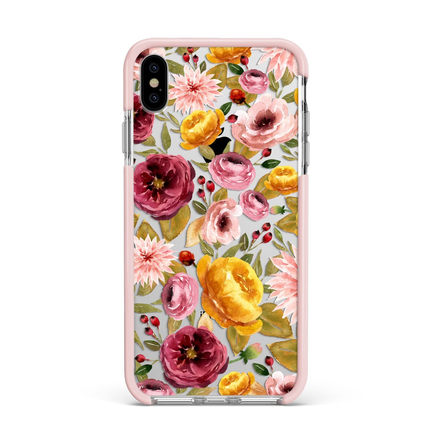 Pink and Mustard Floral Apple iPhone Xs Max Impact Case Pink Edge on Silver Phone