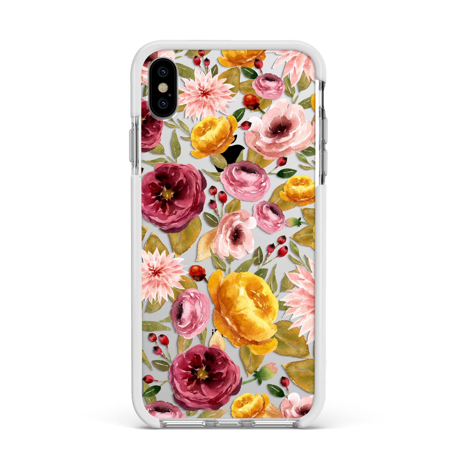 Pink and Mustard Floral Apple iPhone Xs Max Impact Case White Edge on Silver Phone