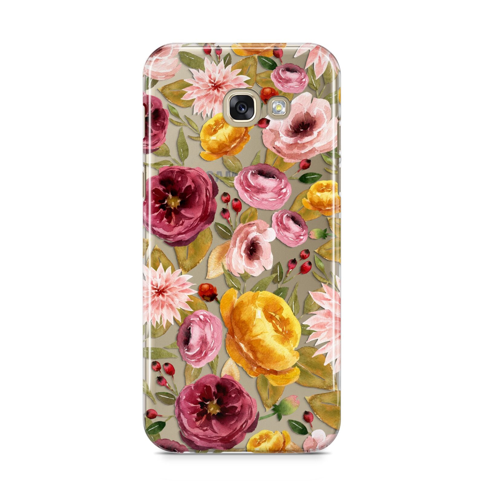 Pink and Mustard Floral Samsung Galaxy A5 2017 Case on gold phone