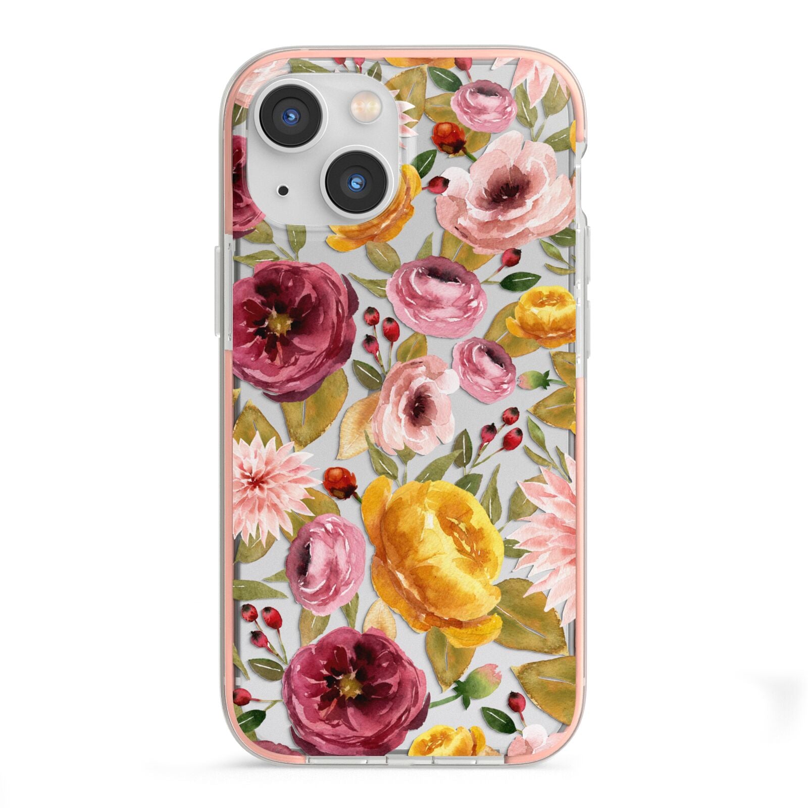 Pink and Mustard Floral iPhone 13 Mini TPU Impact Case with Pink Edges