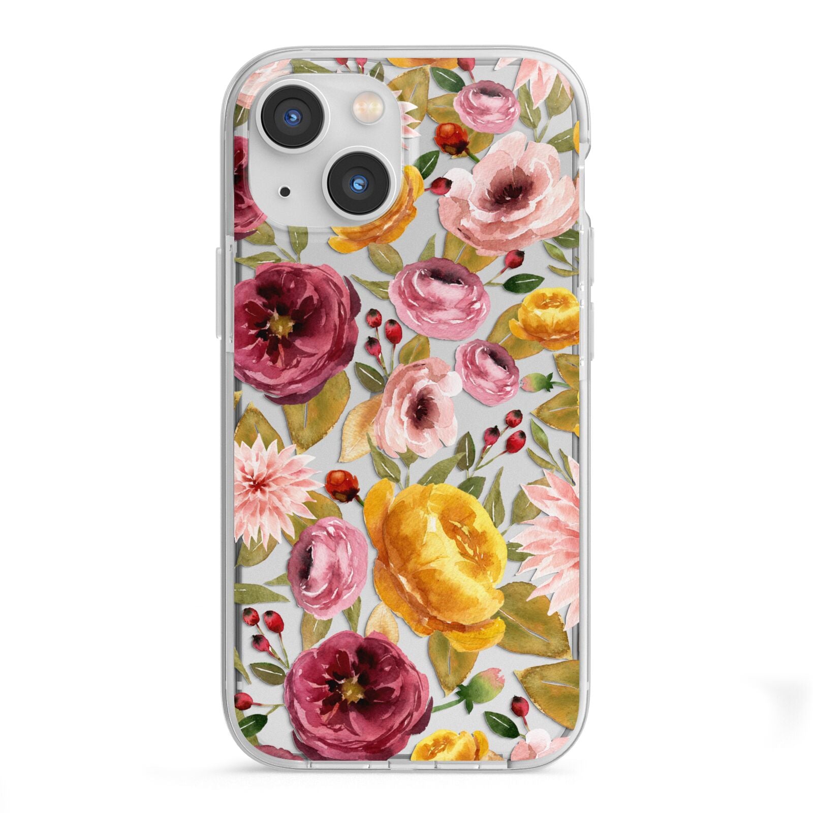 Pink and Mustard Floral iPhone 13 Mini TPU Impact Case with White Edges