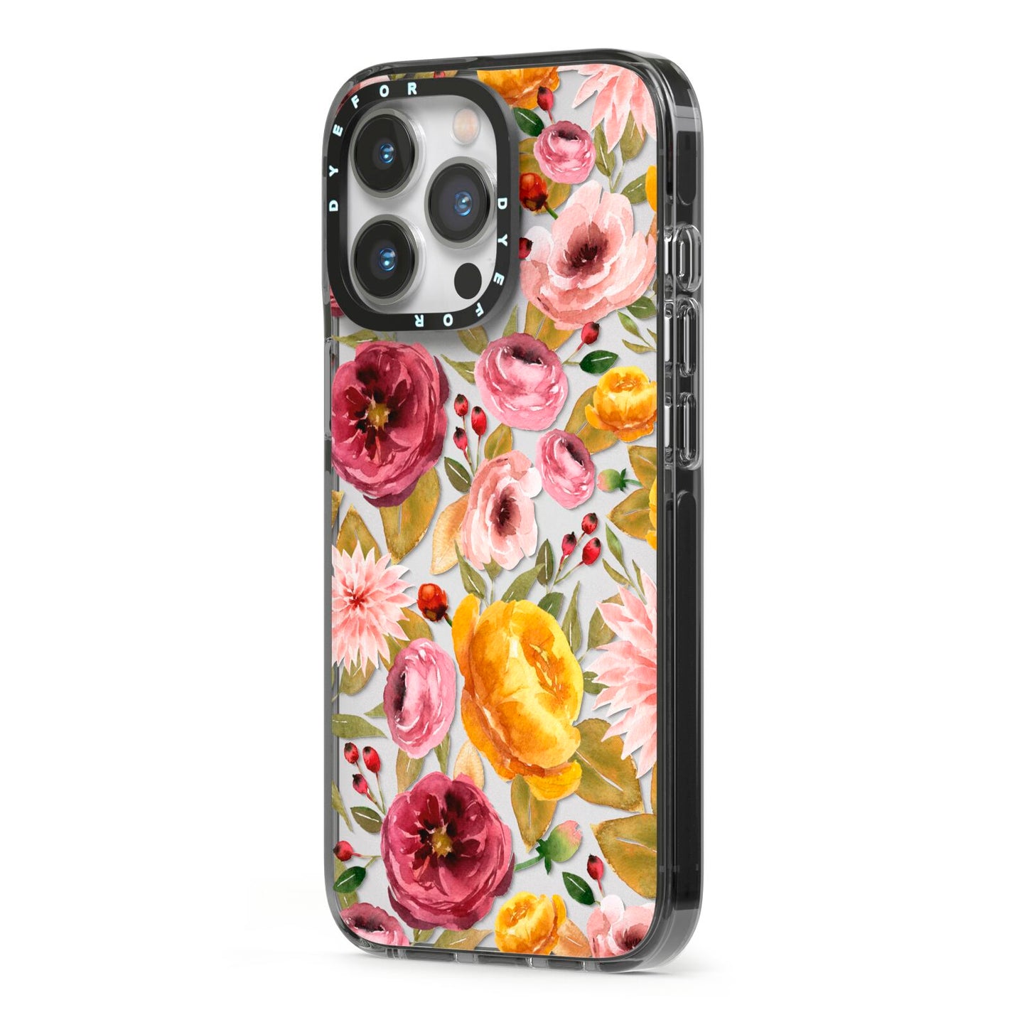 Pink and Mustard Floral iPhone 13 Pro Black Impact Case Side Angle on Silver phone