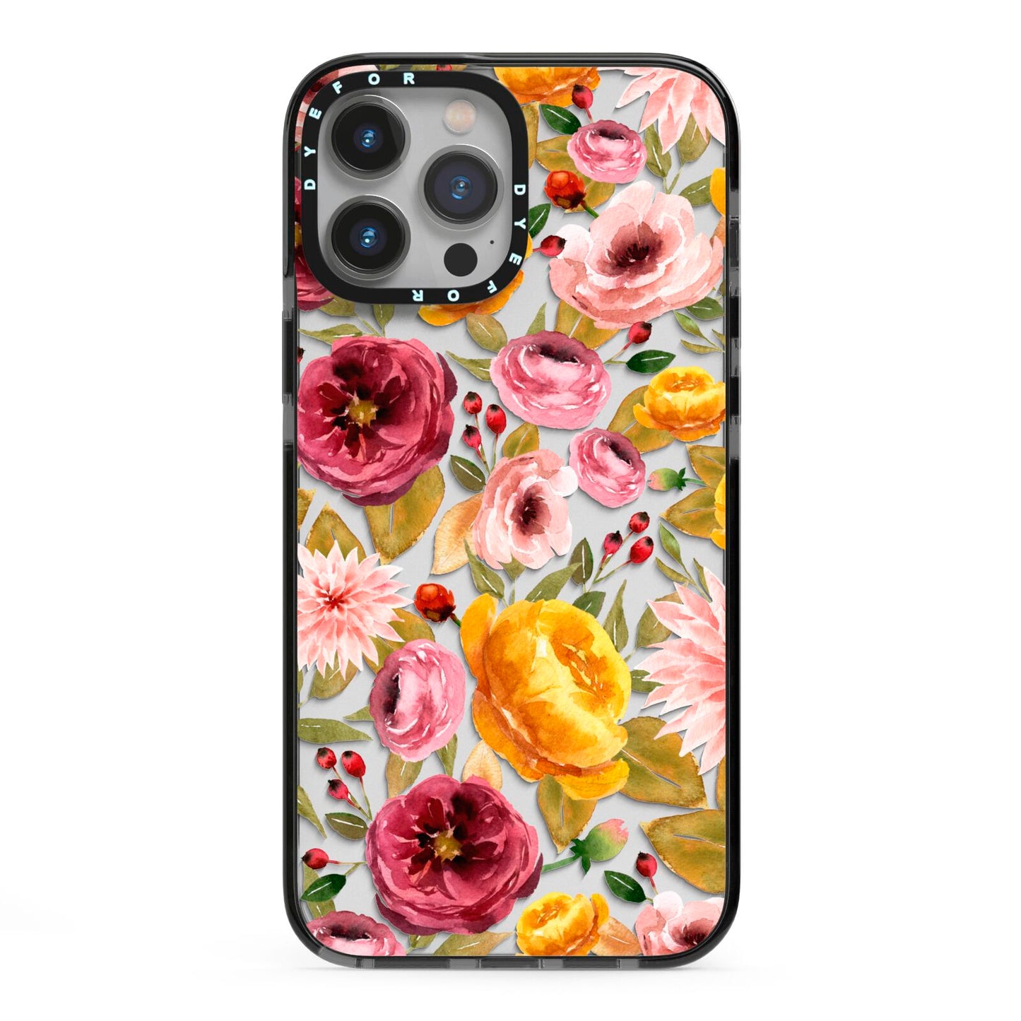 Pink and Mustard Floral iPhone 13 Pro Max Black Impact Case on Silver phone