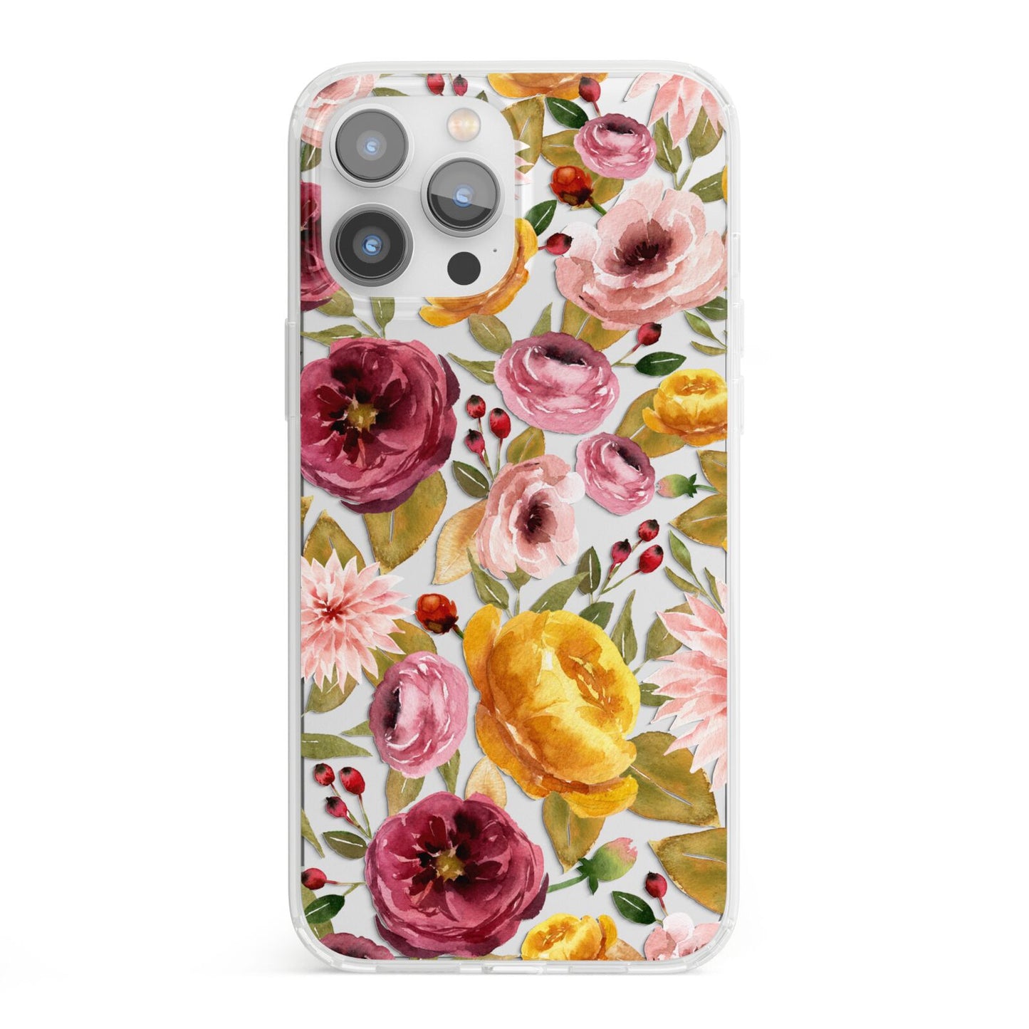 Pink and Mustard Floral iPhone 13 Pro Max Clear Bumper Case