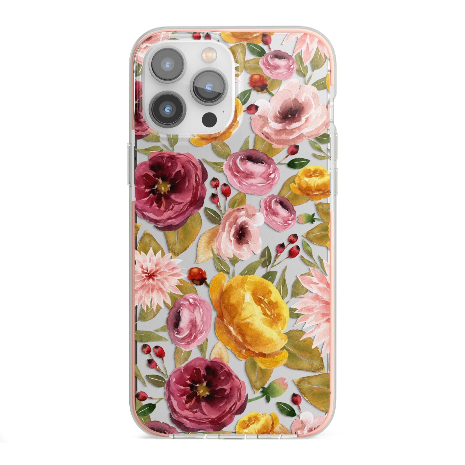 Pink and Mustard Floral iPhone 13 Pro Max TPU Impact Case with Pink Edges