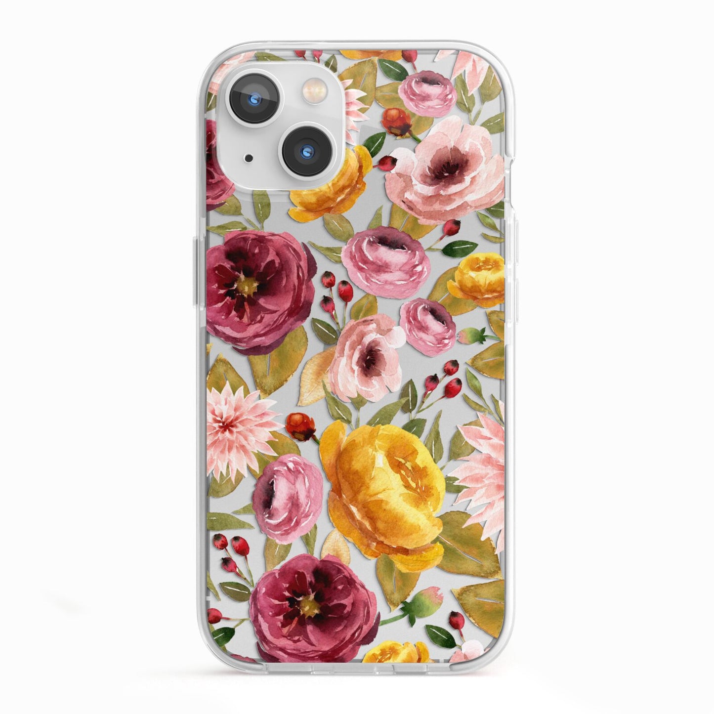 Pink and Mustard Floral iPhone 13 TPU Impact Case with White Edges