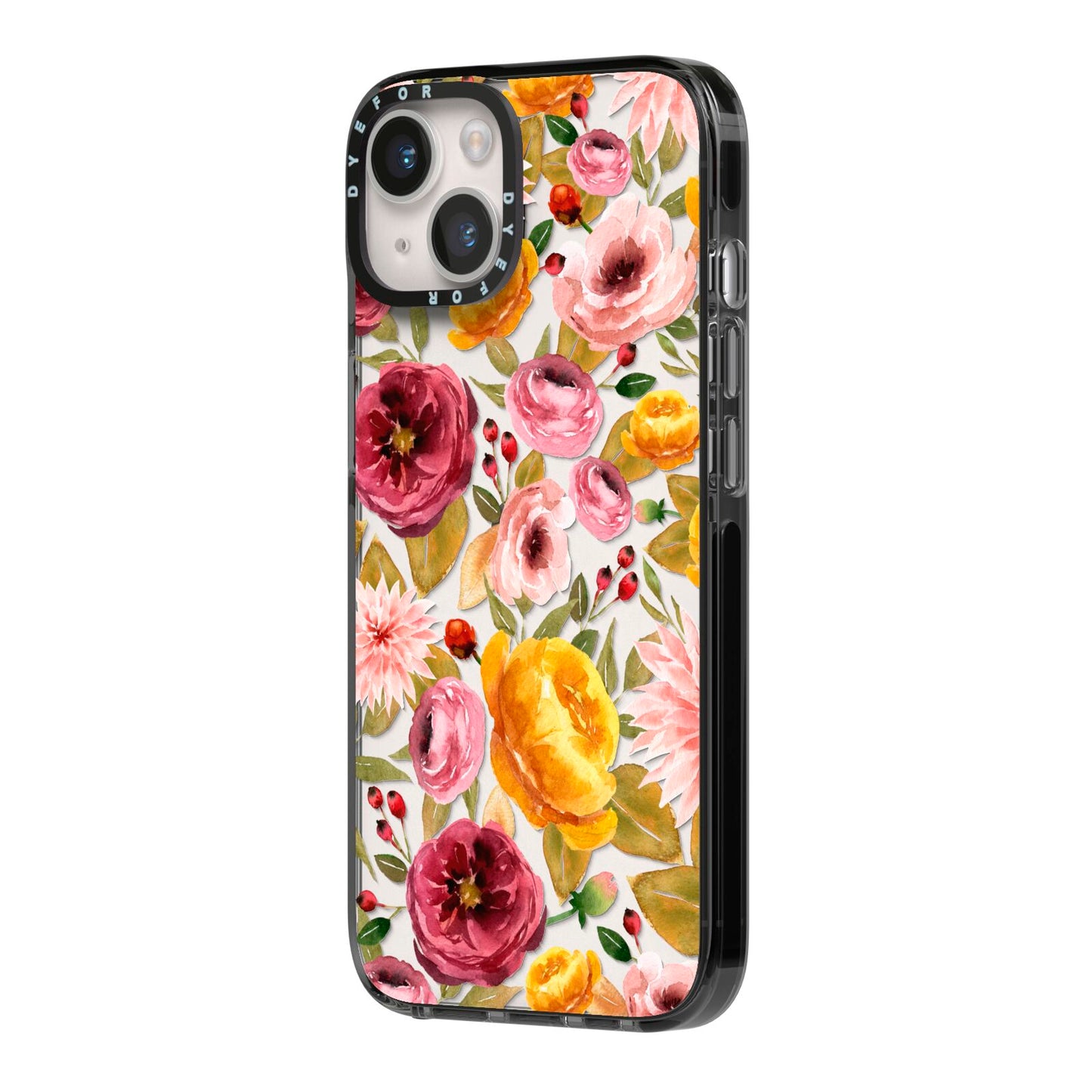 Pink and Mustard Floral iPhone 14 Black Impact Case Side Angle on Silver phone