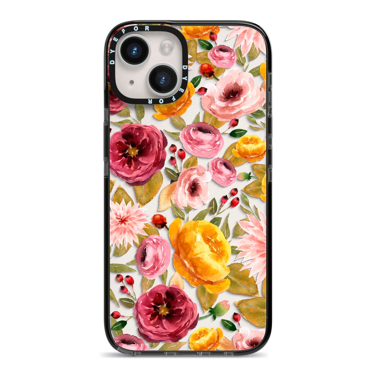 Pink and Mustard Floral iPhone 14 Black Impact Case on Silver phone