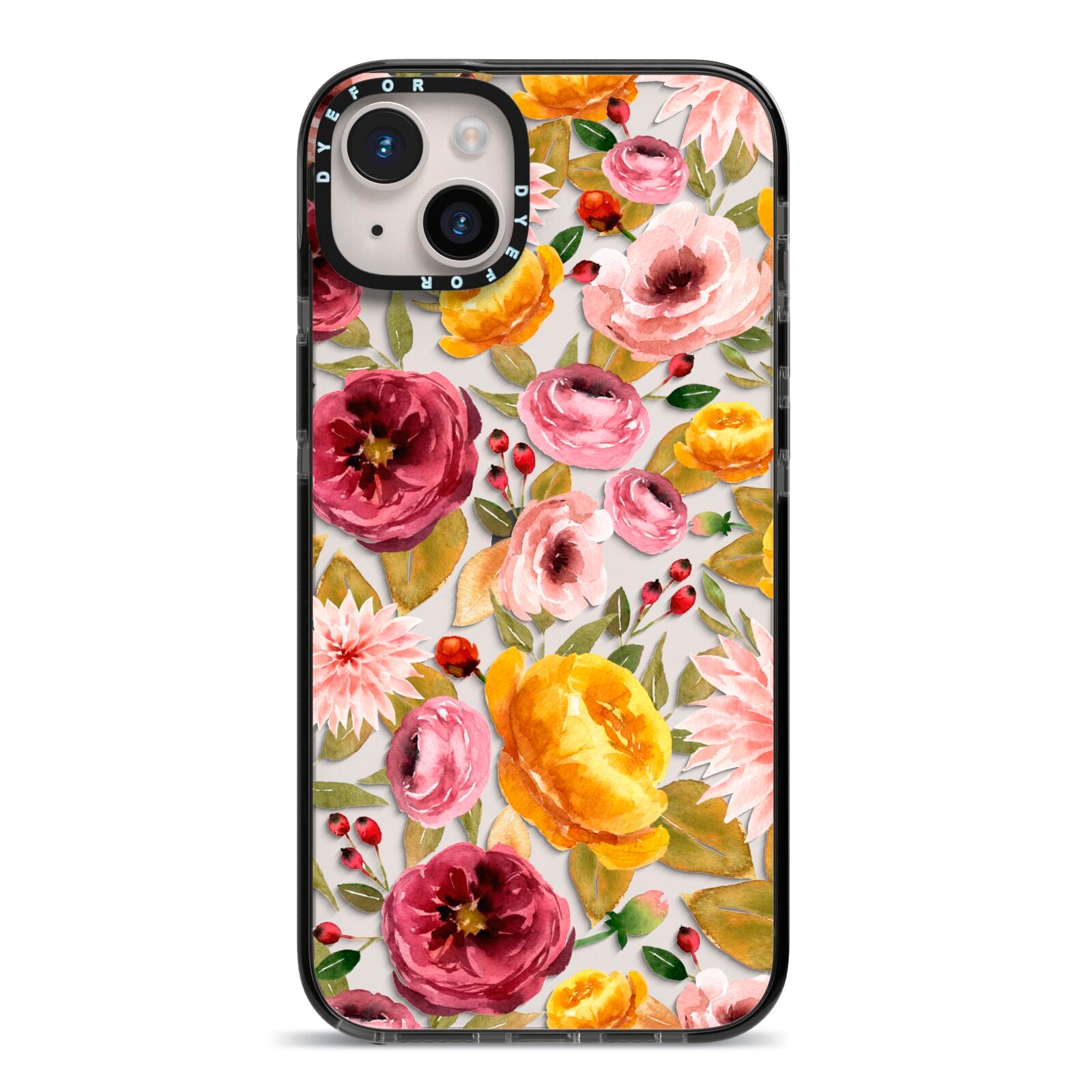 Pink and Mustard Floral iPhone 14 Plus Black Impact Case on Silver phone